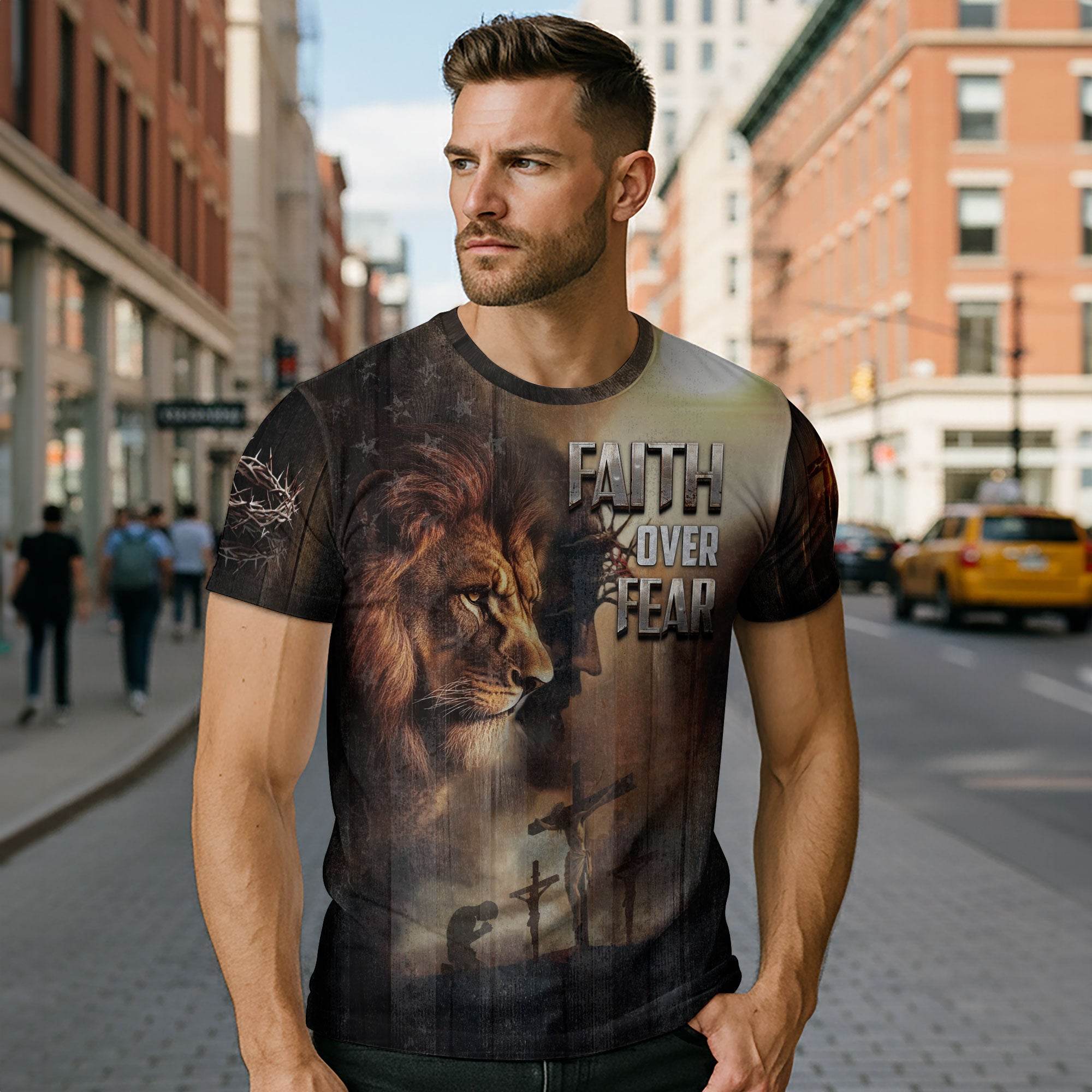 Faith Over Fear Lion & Cross Patriotic T-Shirt - Rust Field Wear