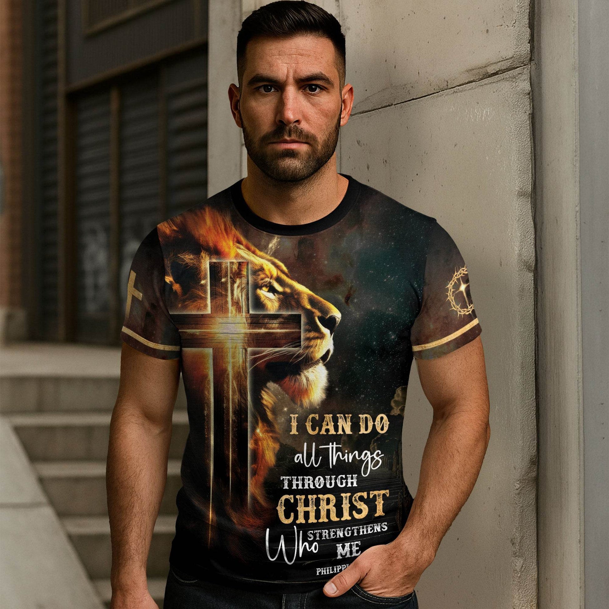 Lion of Judah with Fiery Cross “I Can Do All Things” T-Shirt - Rust Field Wear