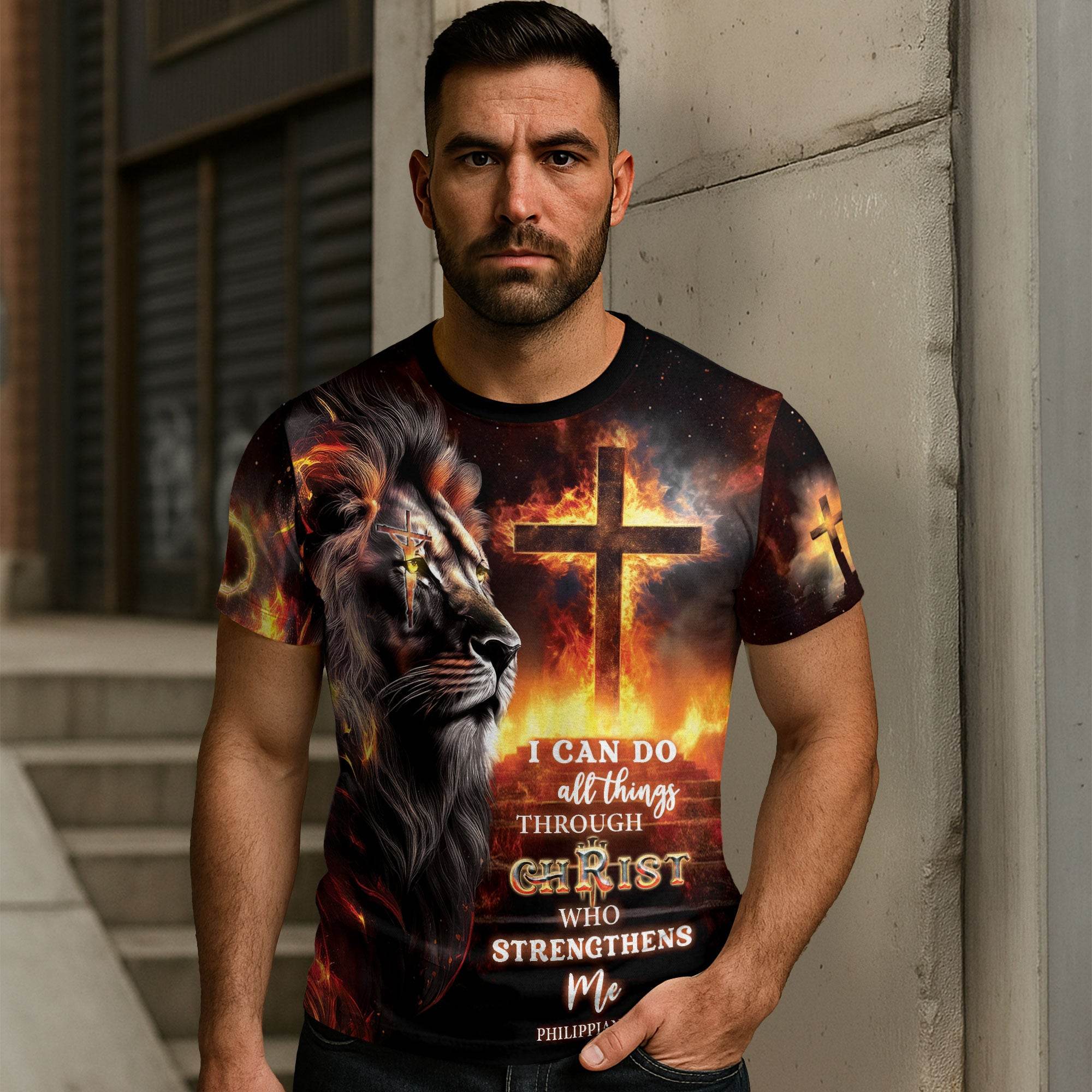 Crucified Lion & Fiery Cross Philippians 4:13 T-Shirt - Rust Field Wear