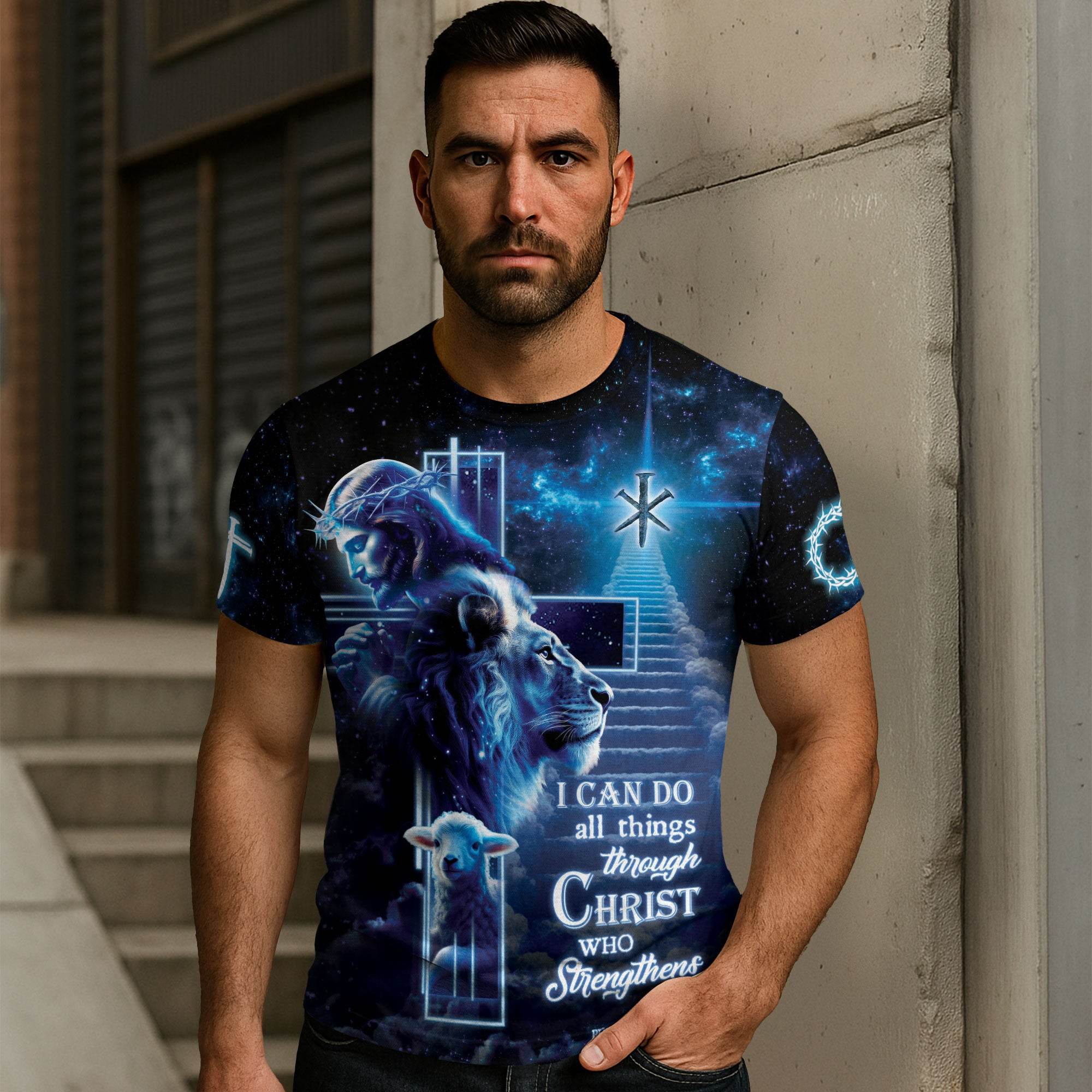 Christ Who Strengthens Me Cosmic Cross Christian Tshirt - Rust Field Wear