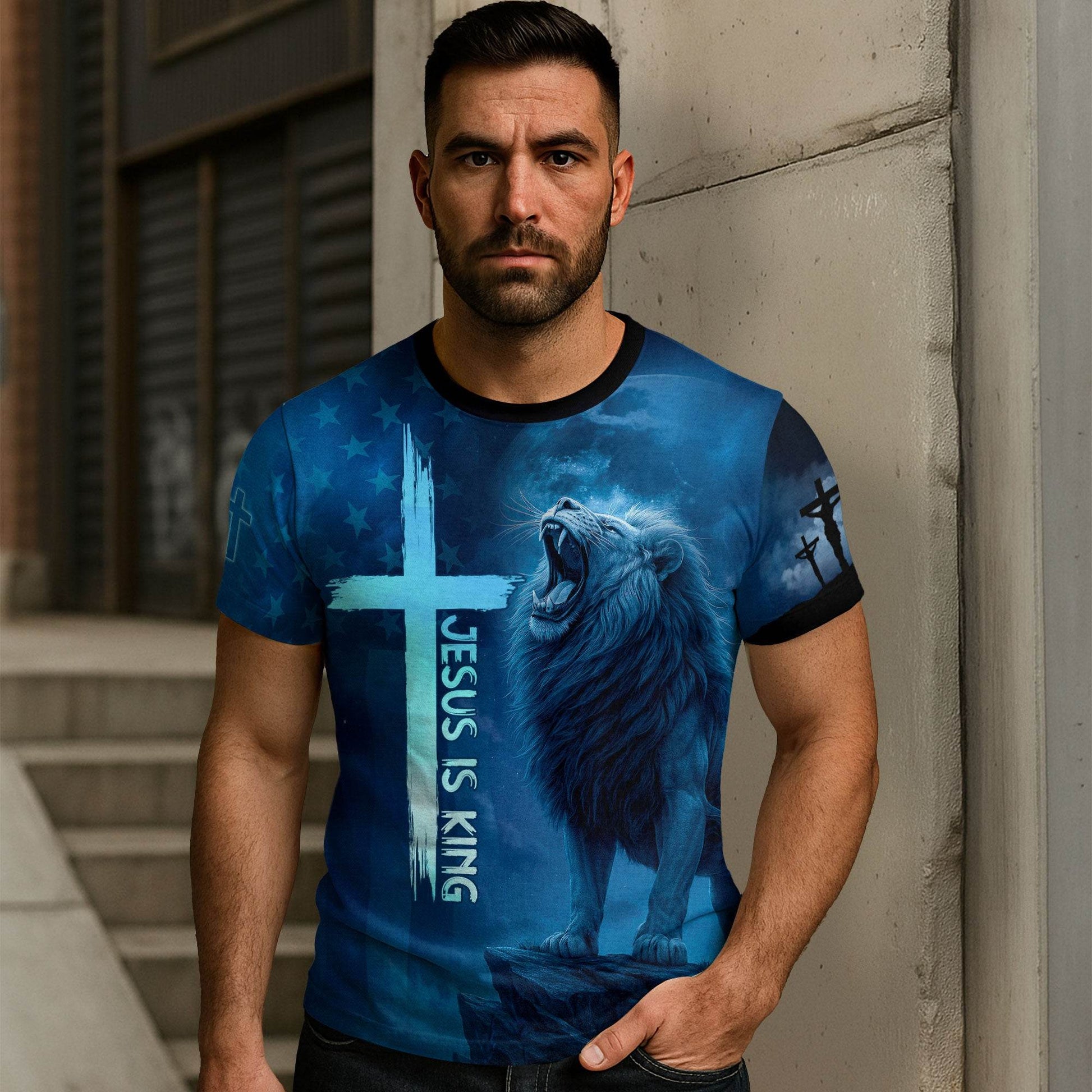 Jesus Is King Lion & Cross Night Sky Design T-Shirt - Rust Field Wear