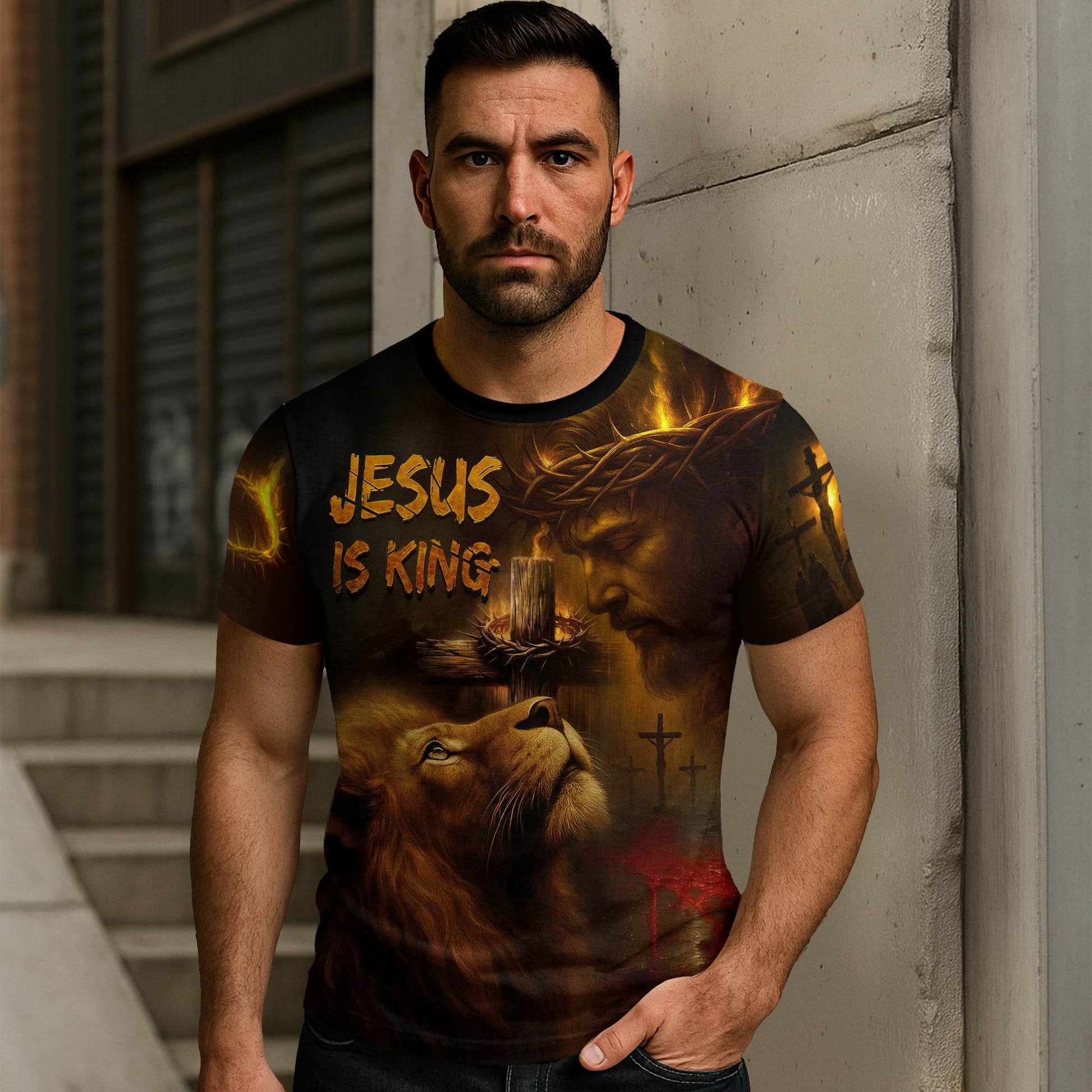 Jesus Is King Crown of Thorns & Lion of Judah Christian T-Shirt - Rust Field Wear