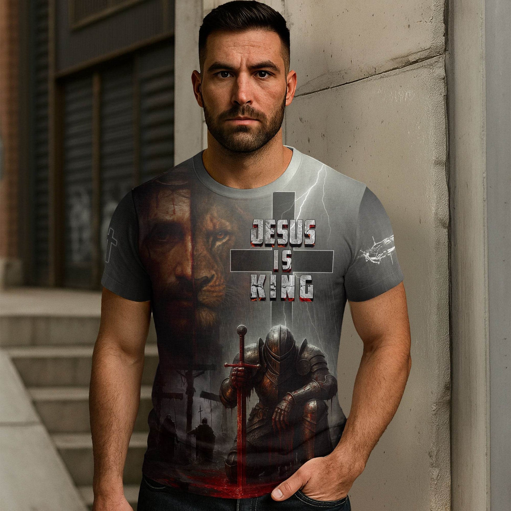 Jesus Is King Knight Cross & Lion Design T-Shirt - Rust Field Wear
