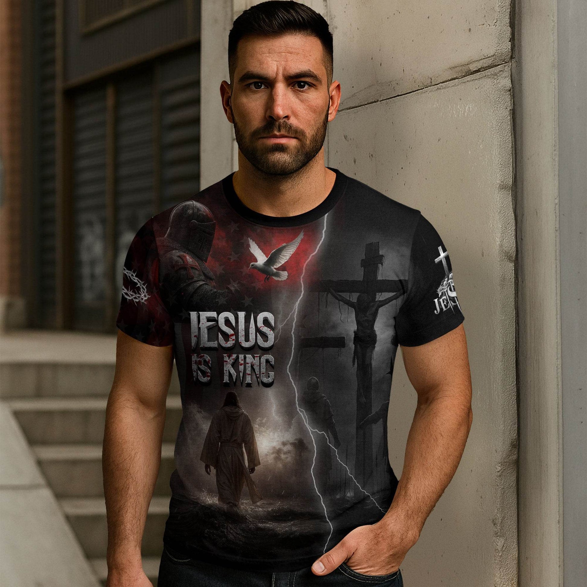 Jesus Is King Lion and Cross Blue Night Design T-Shirt - Rust Field Wear
