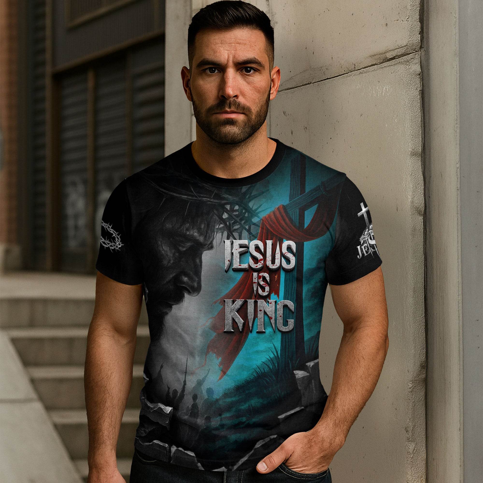 Jesus Is King Lion & Cross Storm Design T-Shirt - Rust Field Wear