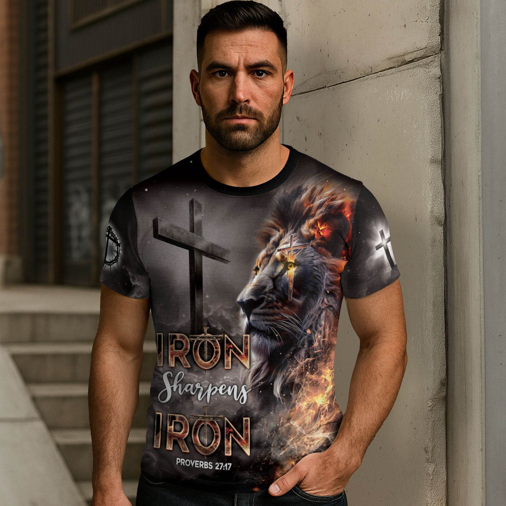 Iron Sharpens Iron Fiery Lion Cross Christian T-Shirt - Rust Field Wear