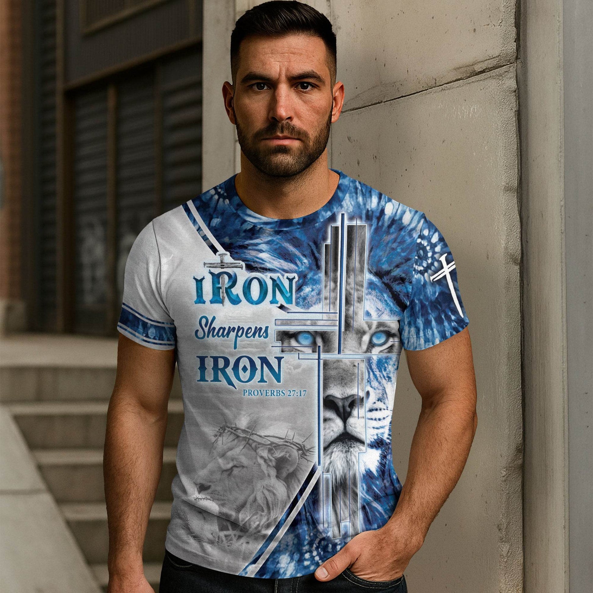 Iron Sharpens Iron Blue Lion Cross Christian T-Shirt - Rust Field Wear