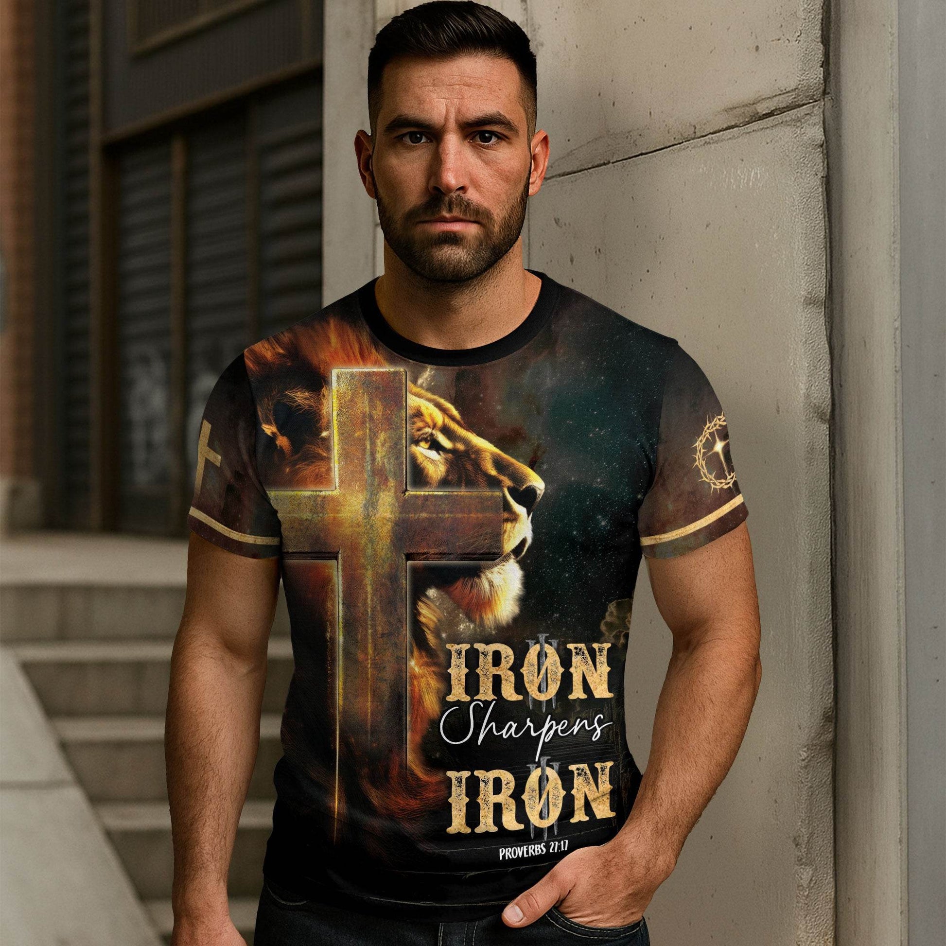 Iron Sharpens Iron Lion Cross Christian T-Shirt - Rust Field Wear