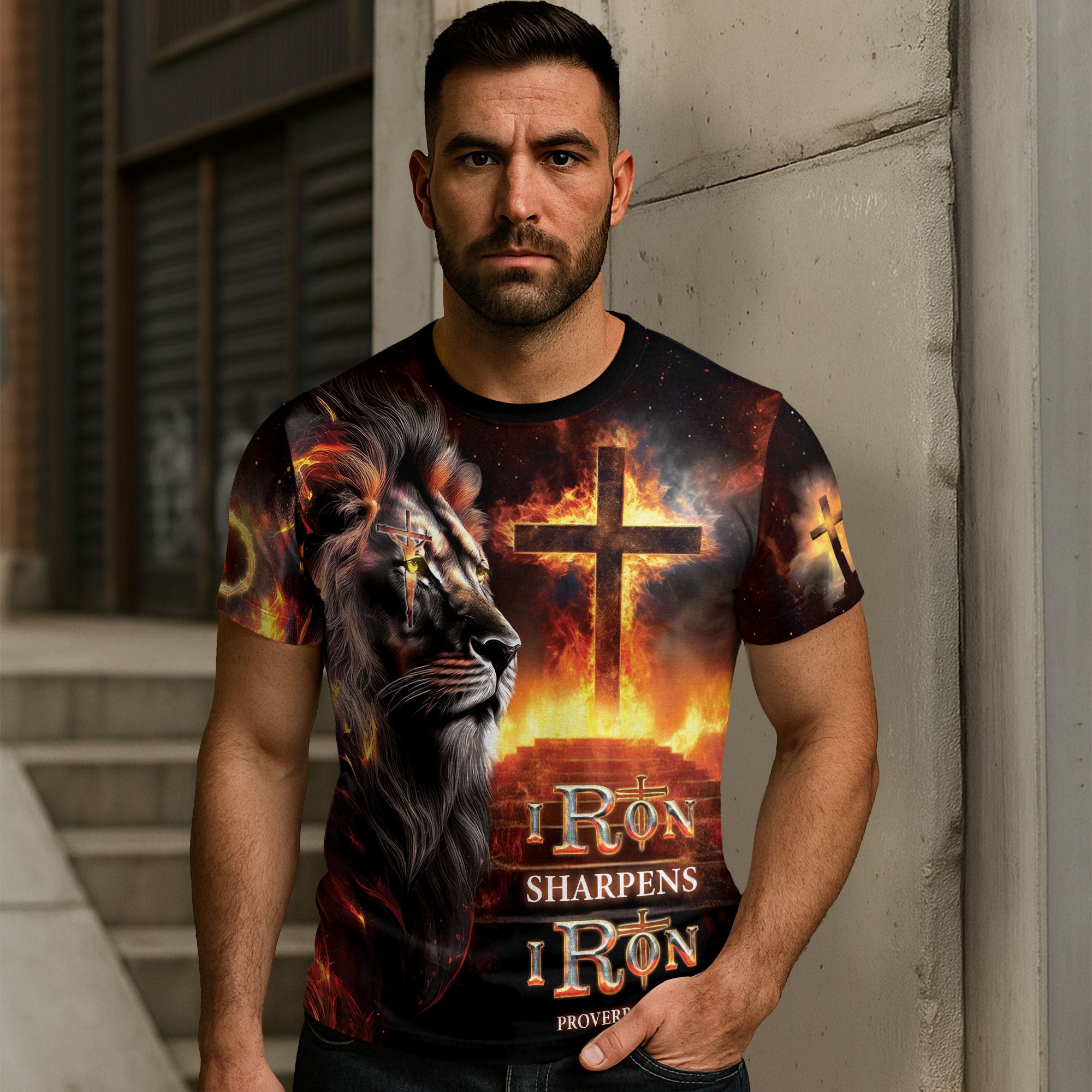 Iron Sharpens Iron Proverbs 27:17 Fiery Lion Christian T-Shirt