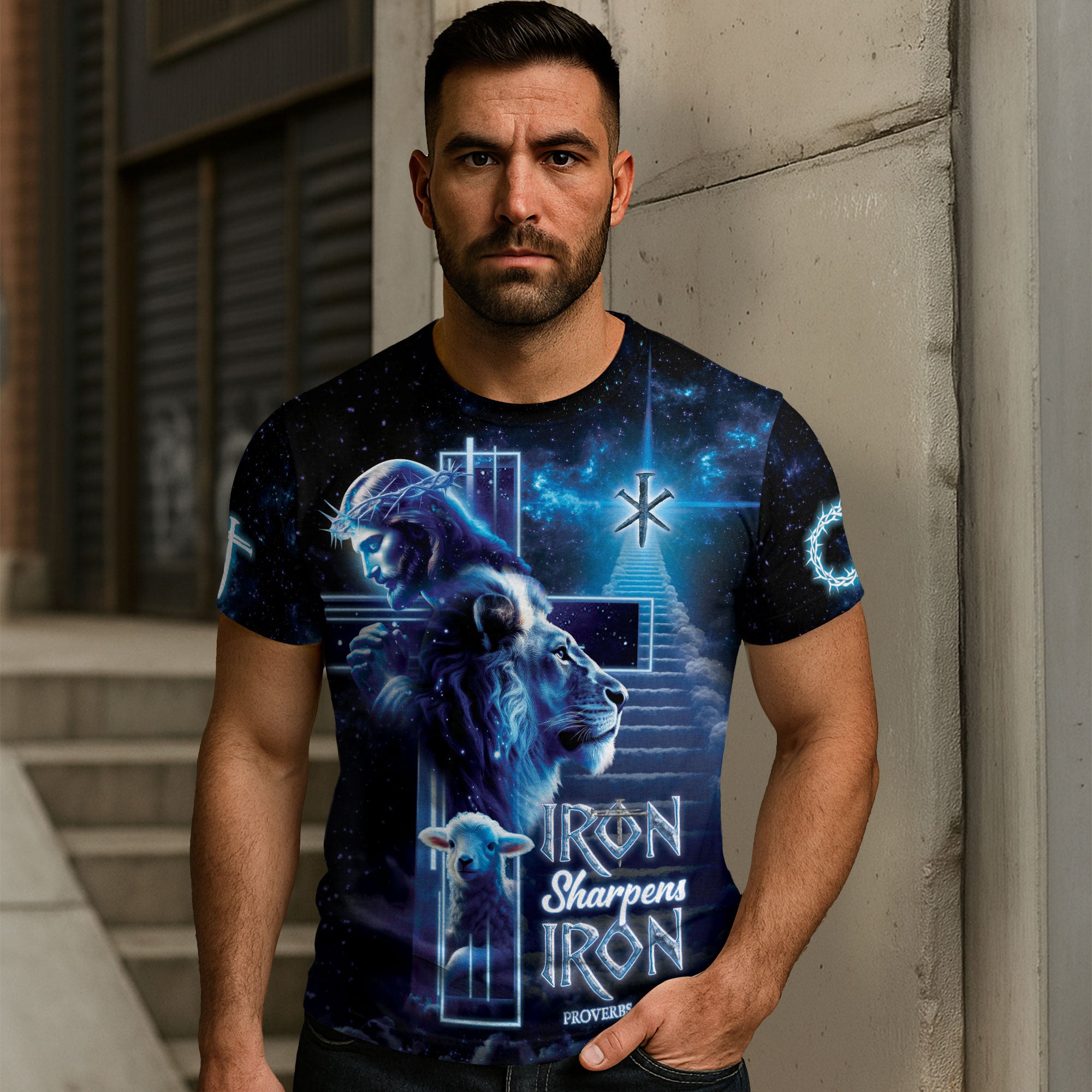 Iron Sharpens Iron Proverbs 27:17 Cosmic Christian T-Shirt
