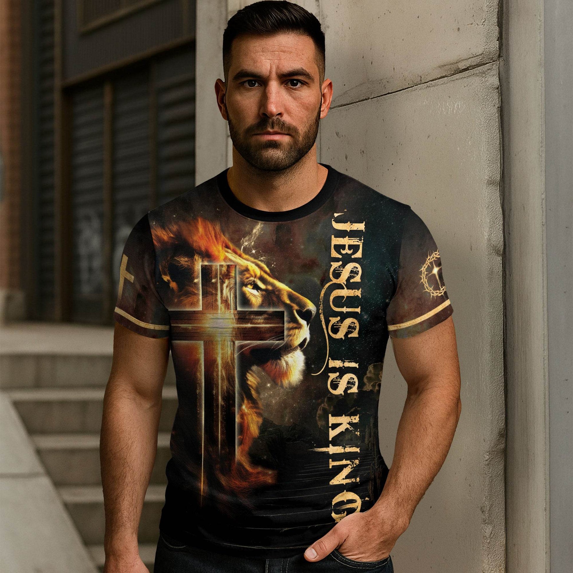 Jesus Is King Glowing Cross Of Light And Lion T-Shirt - Rust Field Wear