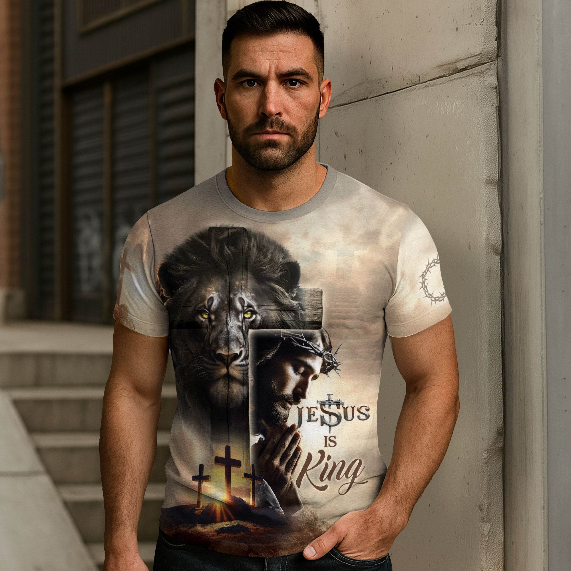 The Risen King Is Lord Of All Lion And Cross Religious T-Shirt - Rust Field Wear