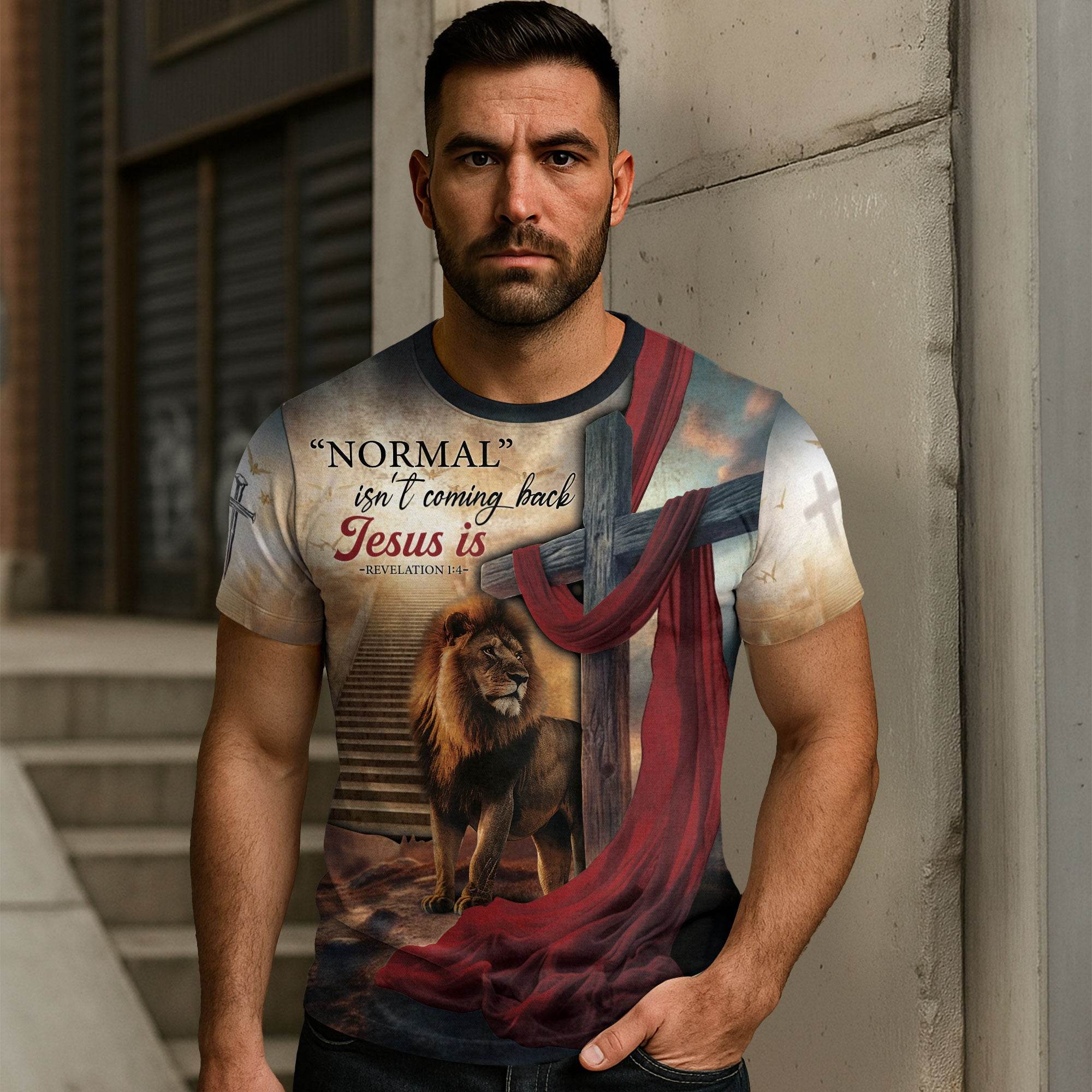 Revelation 1:4 Stairway To Heaven Lion Of Judah T-Shirt - Rust Field Wear