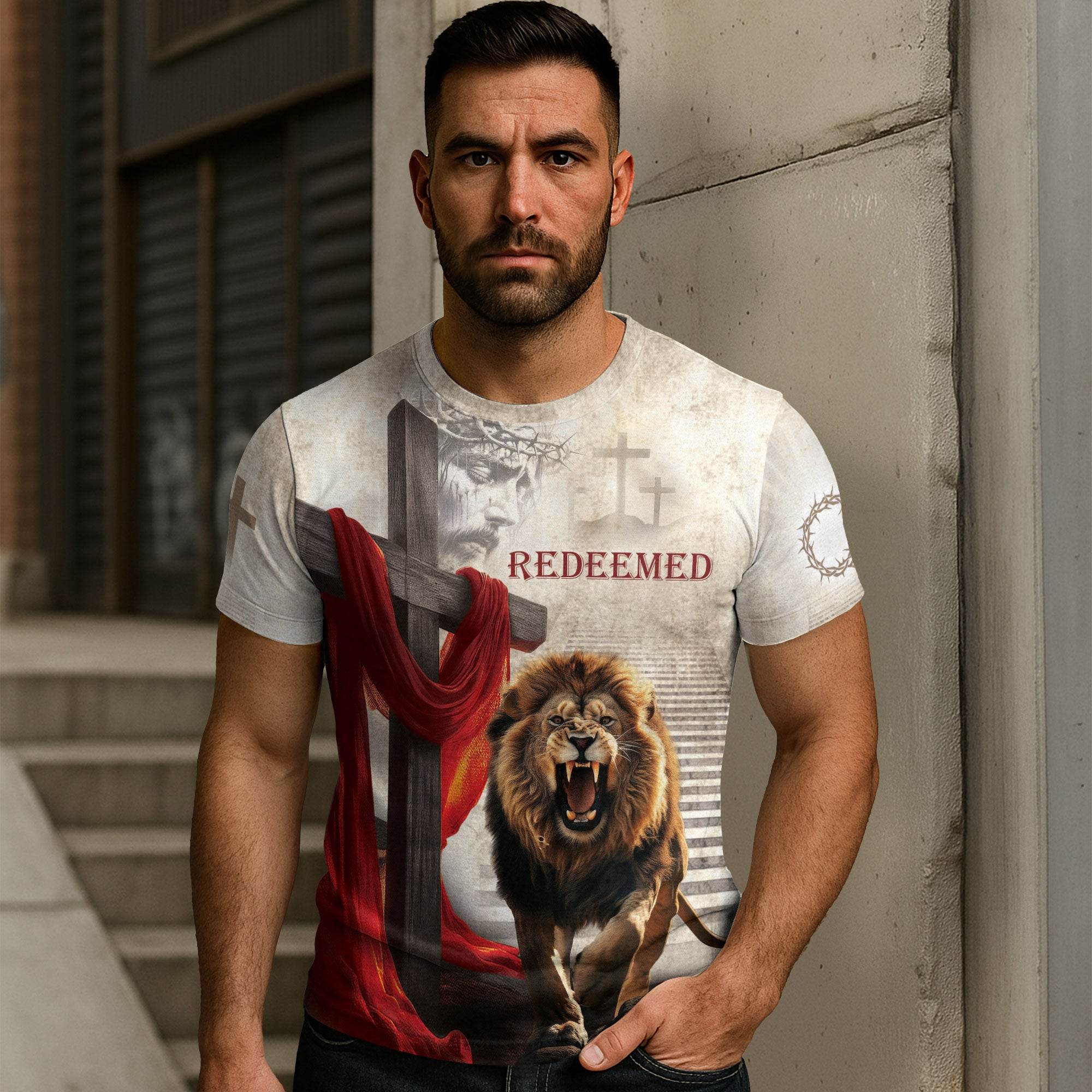 The Roaring Redeemer Lion And Cross "Redeemed" T-Shirt
