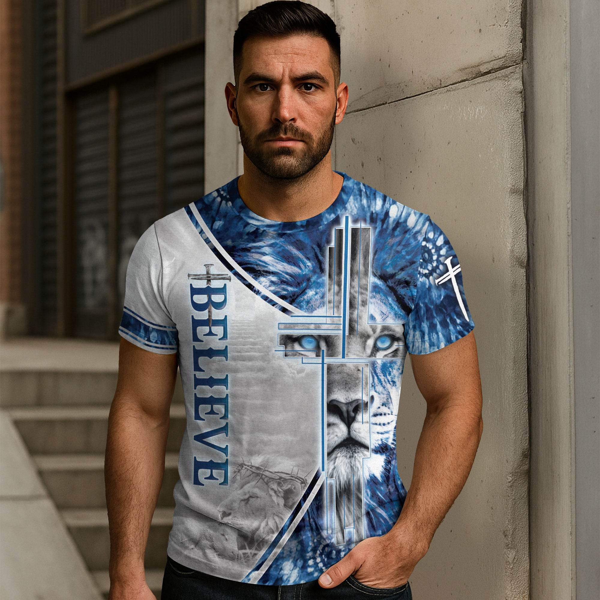 The Gaze Of Truth "Believe" Blue Eyed Lion Religious T-Shirt