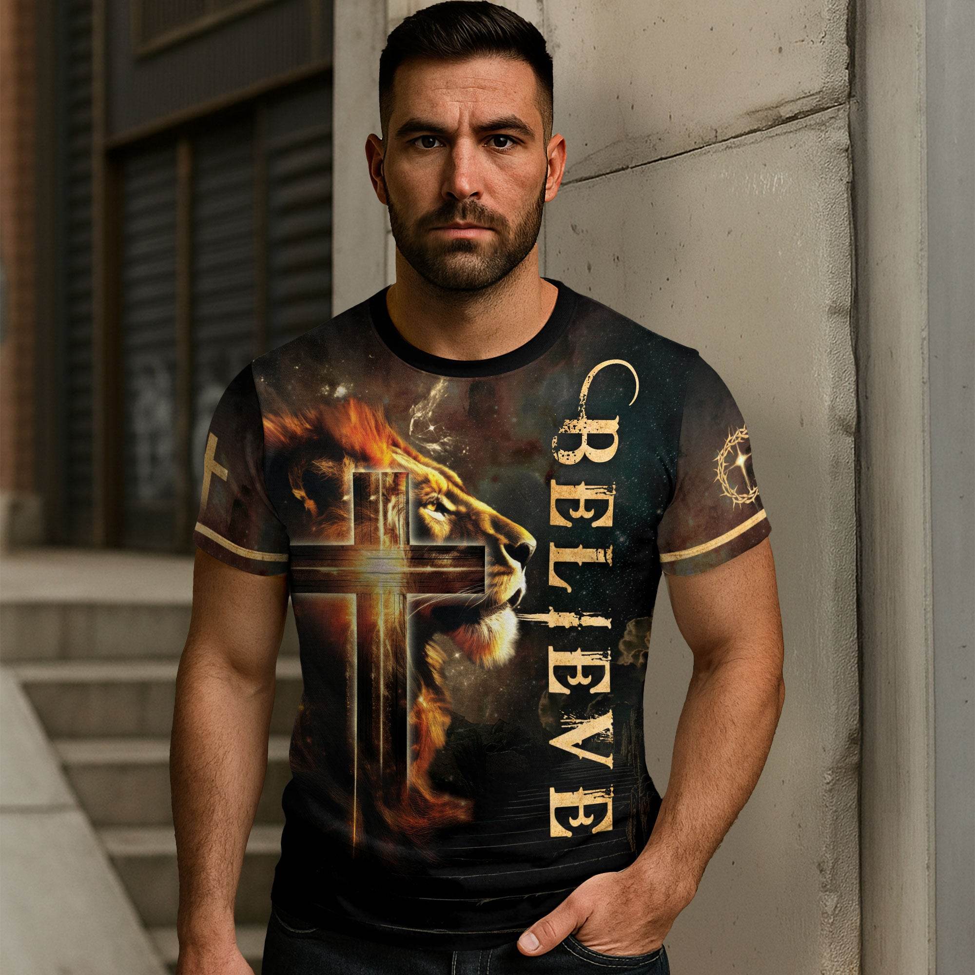 The Lion And The Cross "Believe" In Him Religious T-Shirt