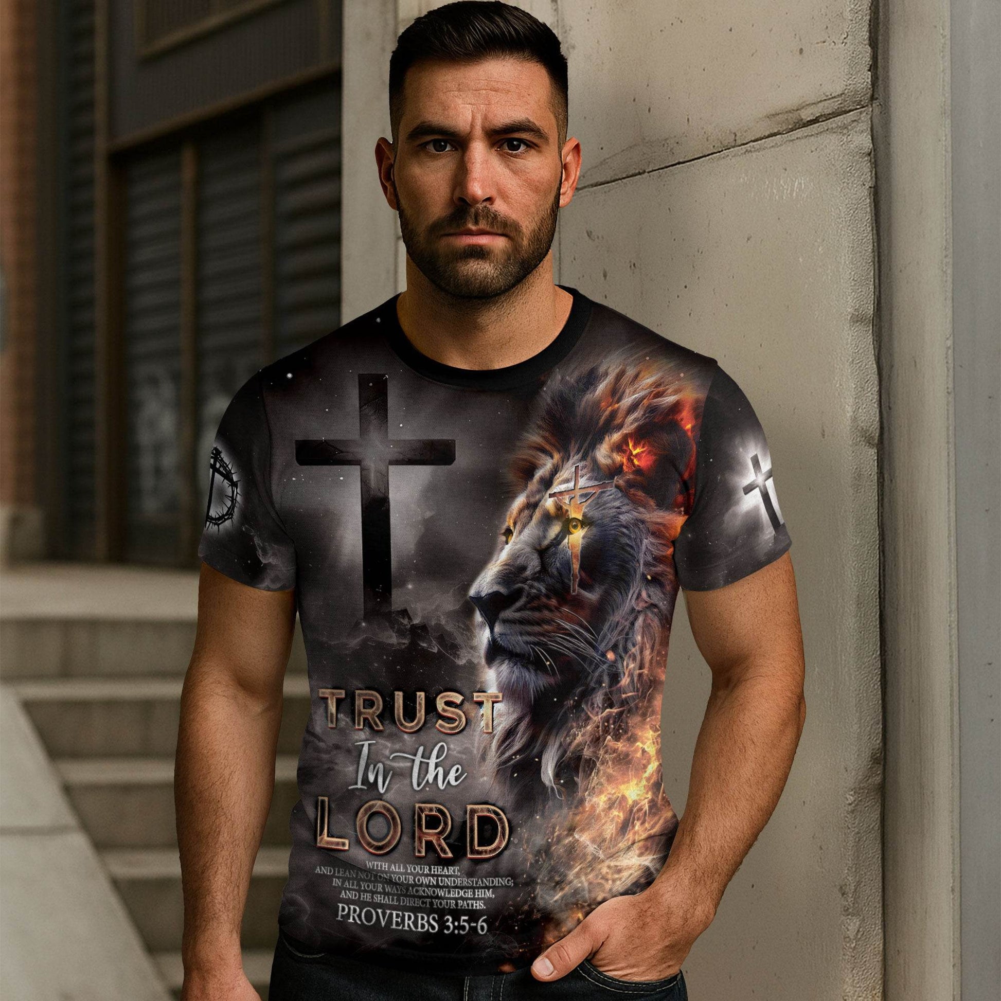 Trust In The Lord Proverbs 3:5-6 Fiery Lion Christian T-Shirt - Rust Field Wear