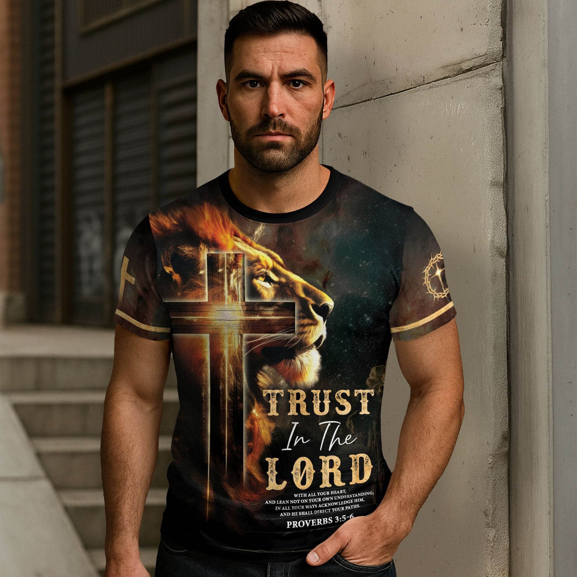 Trust In The Lord Proverbs 3:5-6 Lion And Cross T-Shirt - Rust Field Wear
