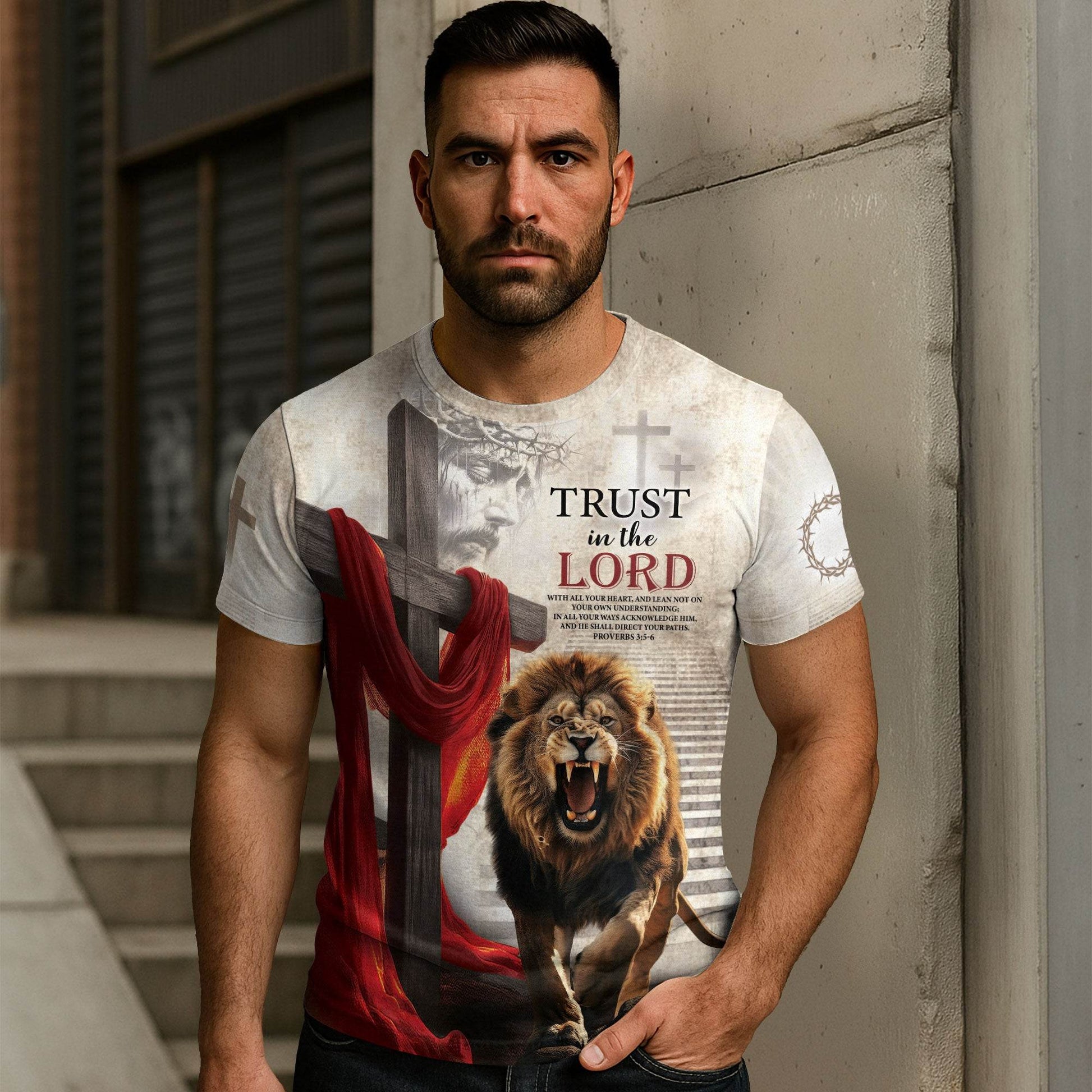 Trust in the Lord Proverbs 3:5-6 Lion & Cross Christian T-Shirt - Rust Field Wear