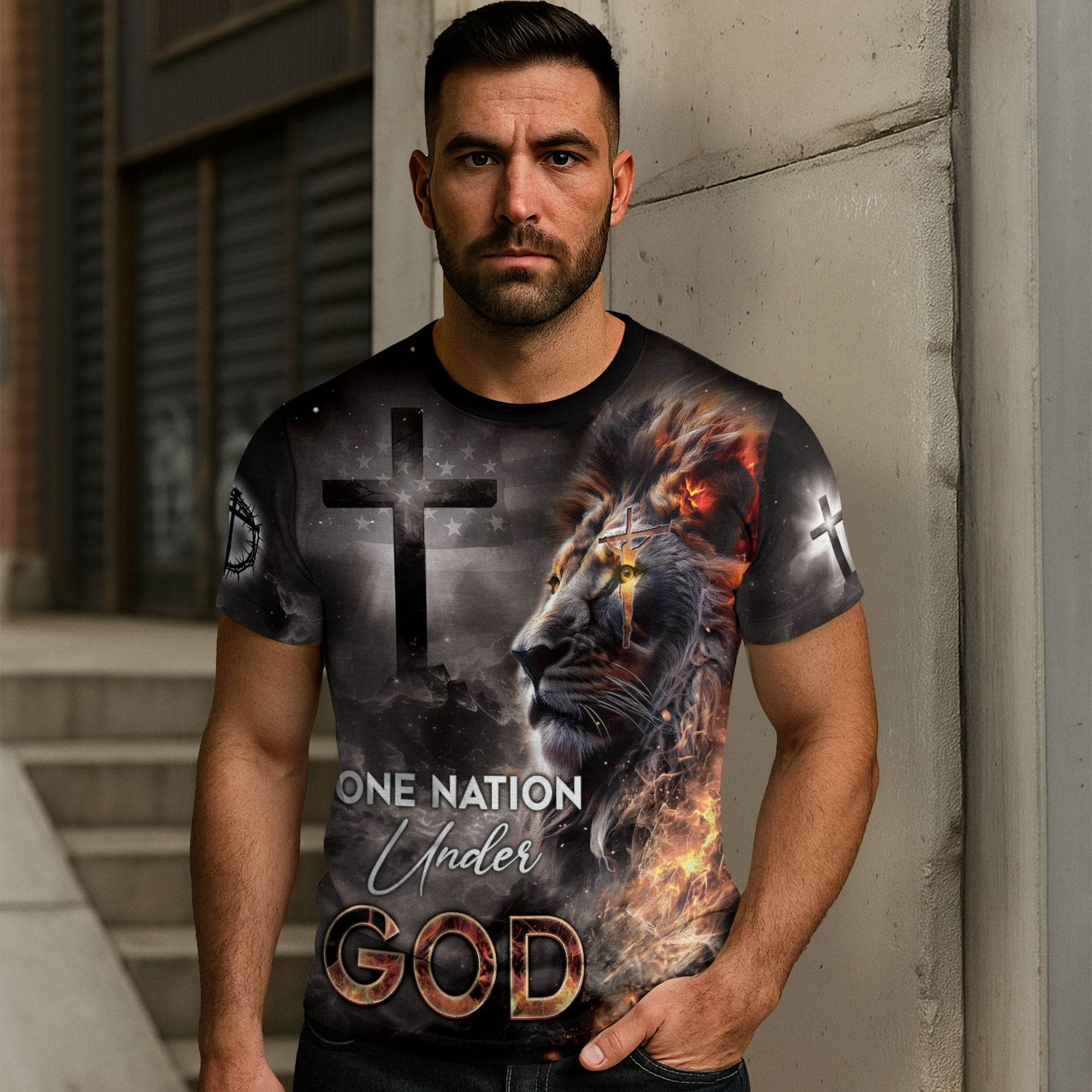 One Nation Under God Fiery Lion Cross Christian T-Shirt - Rust Field Wear
