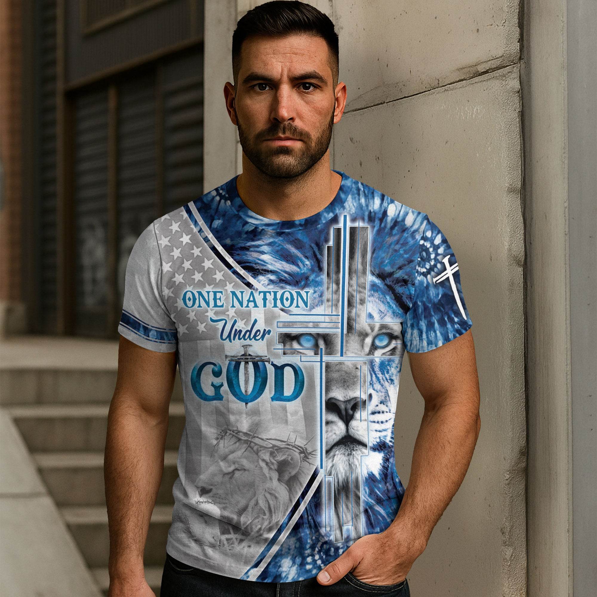 One Nation Under God Blue Lion Cross Christian T-Shirt - Rust Field Wear
