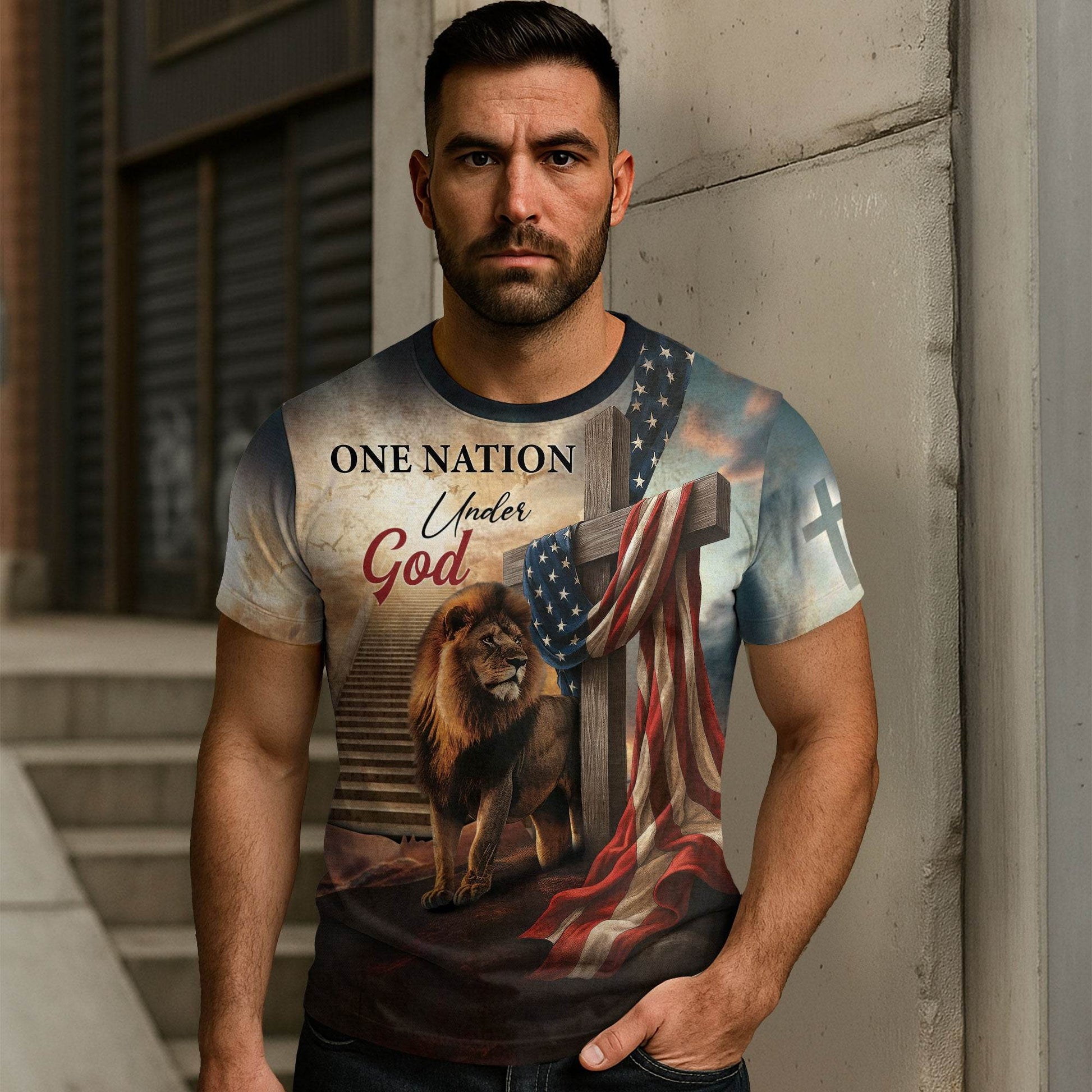 One Nation Under God Lion Cross Heaven Stairs T-Shirt - Rust Field Wear