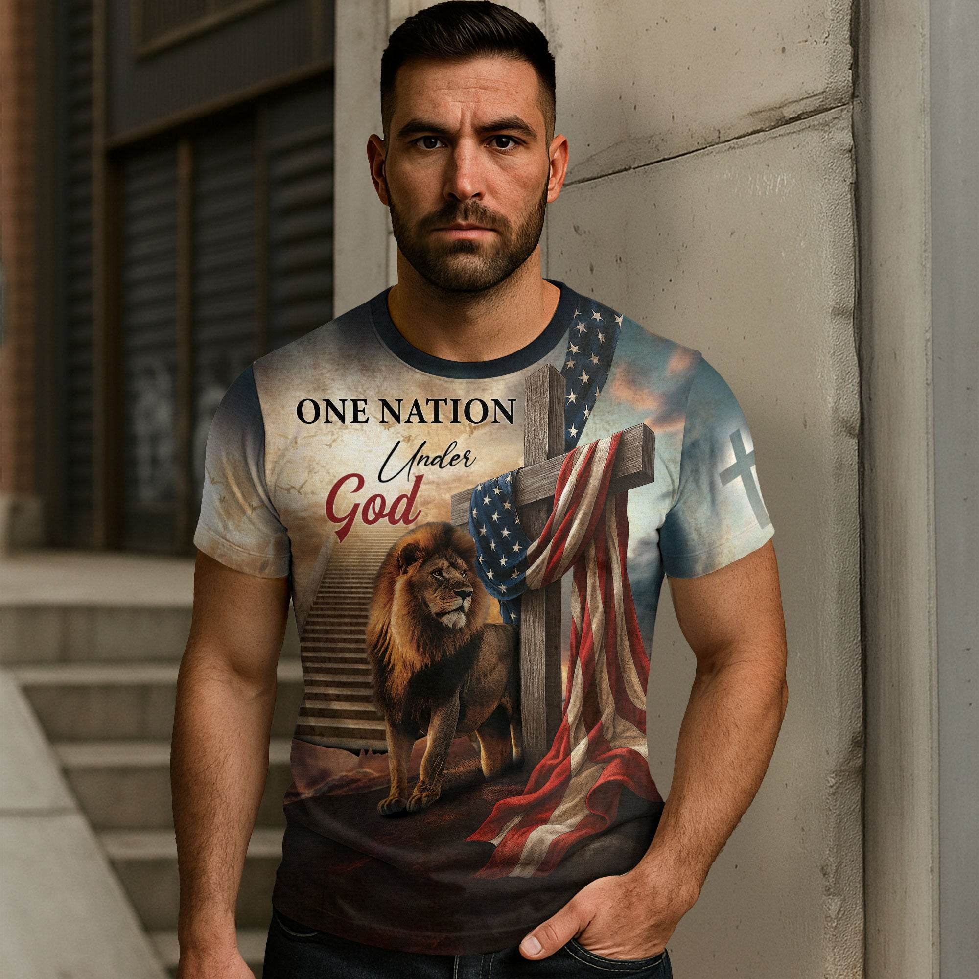 One Nation Under God Lion Cross Heaven Stairs T-Shirt - Rust Field Wear