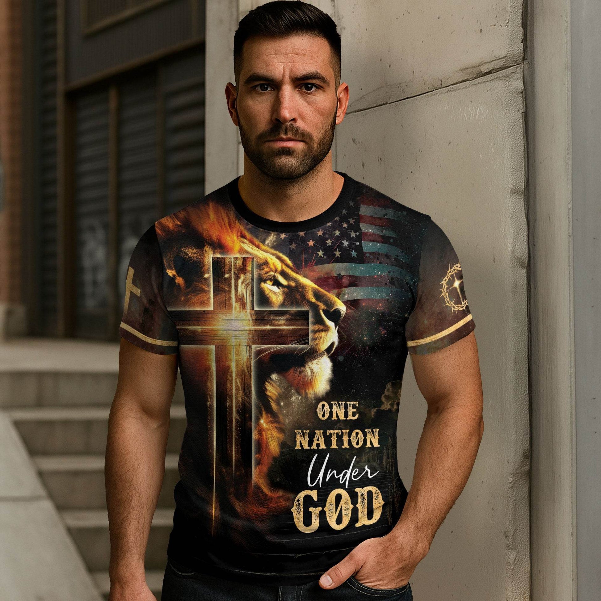 One Nation Under God Lion Cross American Flag T-Shirt - Rust Field Wear