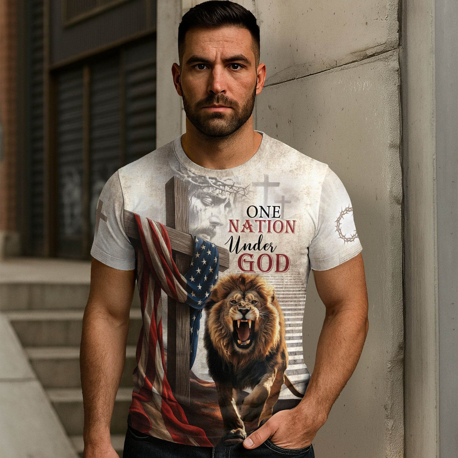 One Nation Under God American Flag Lion Christian T-Shirt - Rust Field Wear