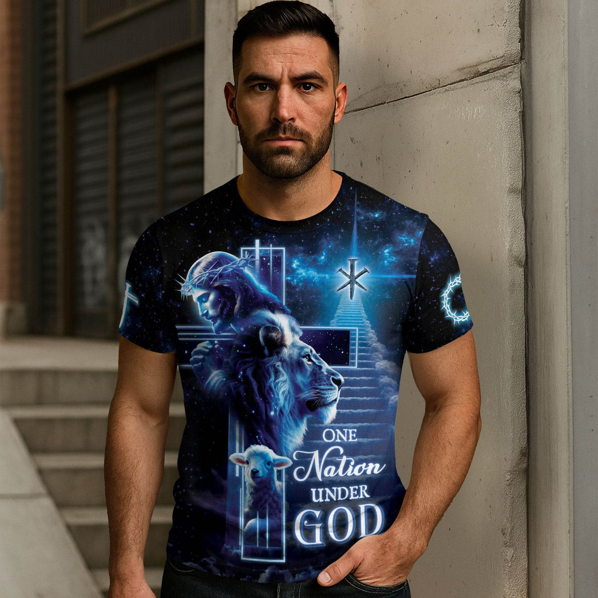 One Nation Under God Heavenly Lion Lamb Cross T-Shirt - Rust Field Wear