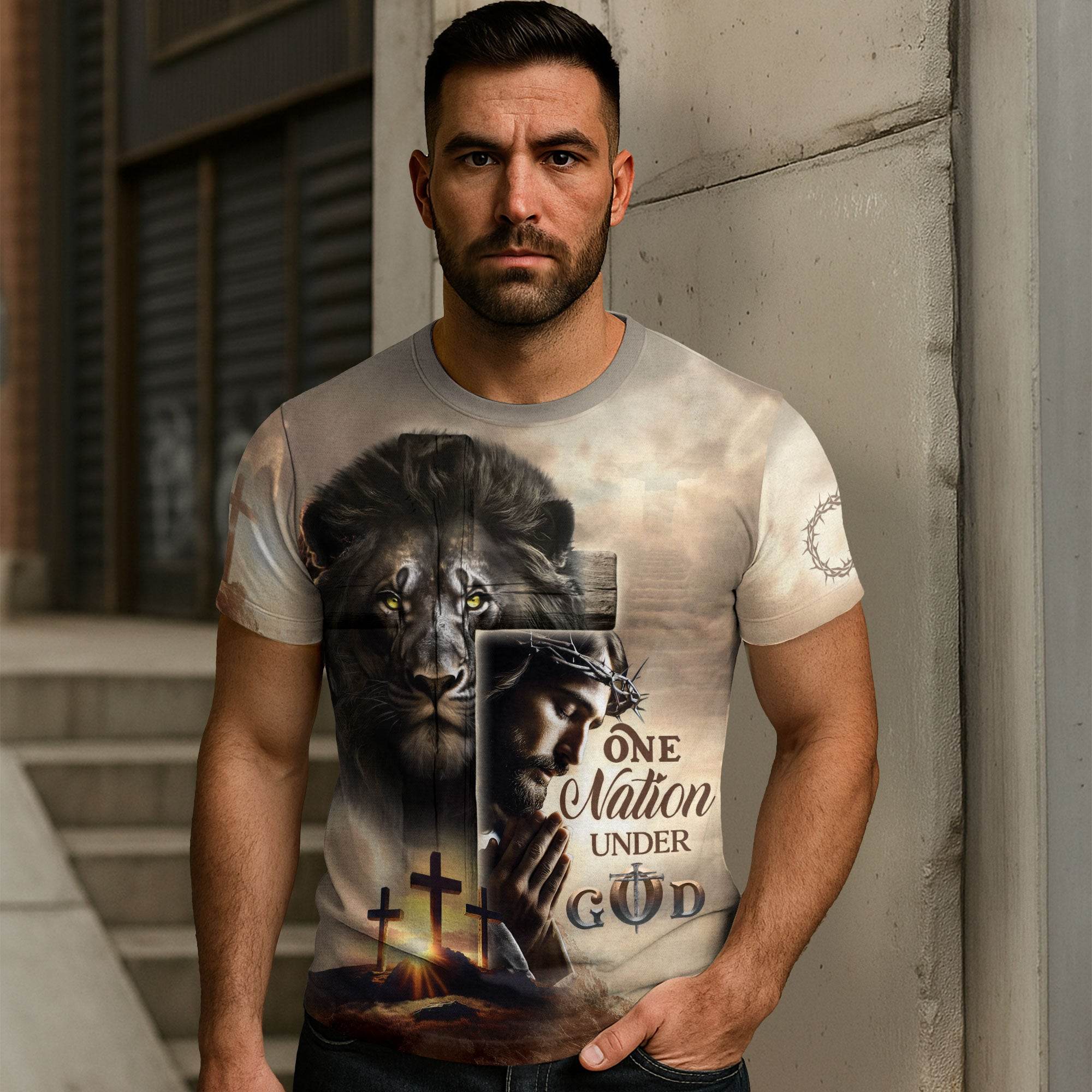 One Nation Under God Sunrise Lion Cross Christian T-Shirt - Rust Field Wear