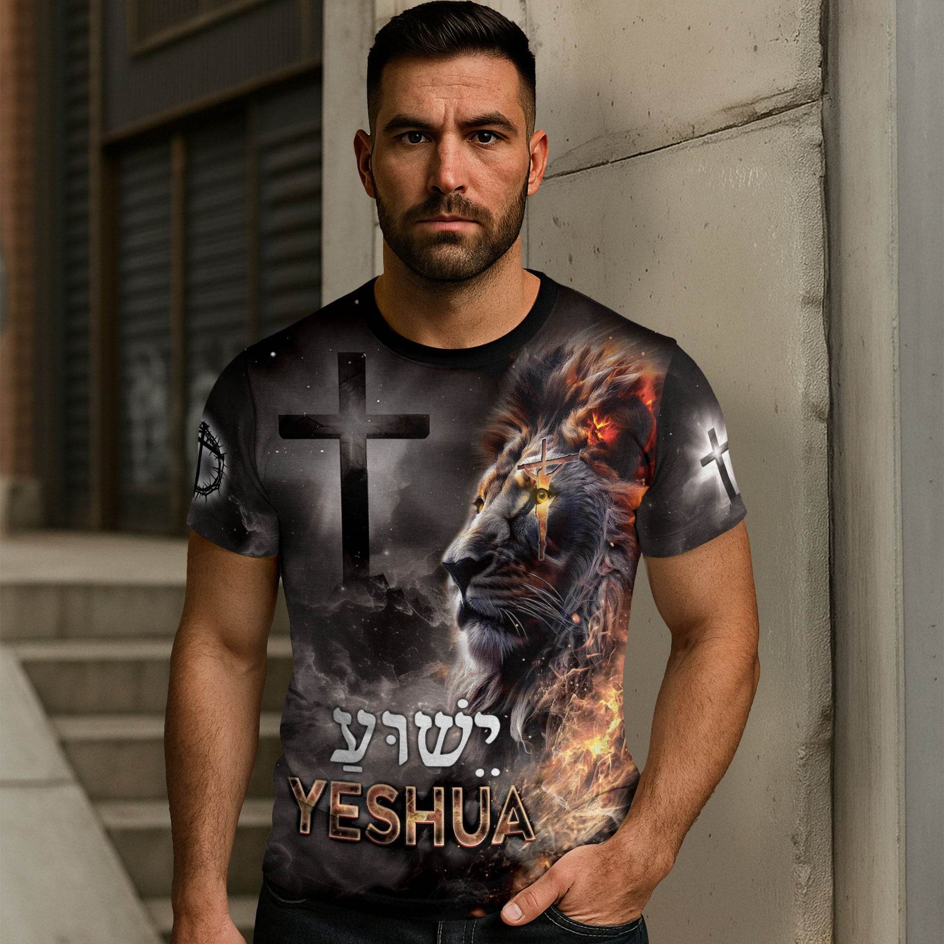 Yeshua Lion of Judah & Fiery Cross Christian T-Shirt - Rust Field Wear