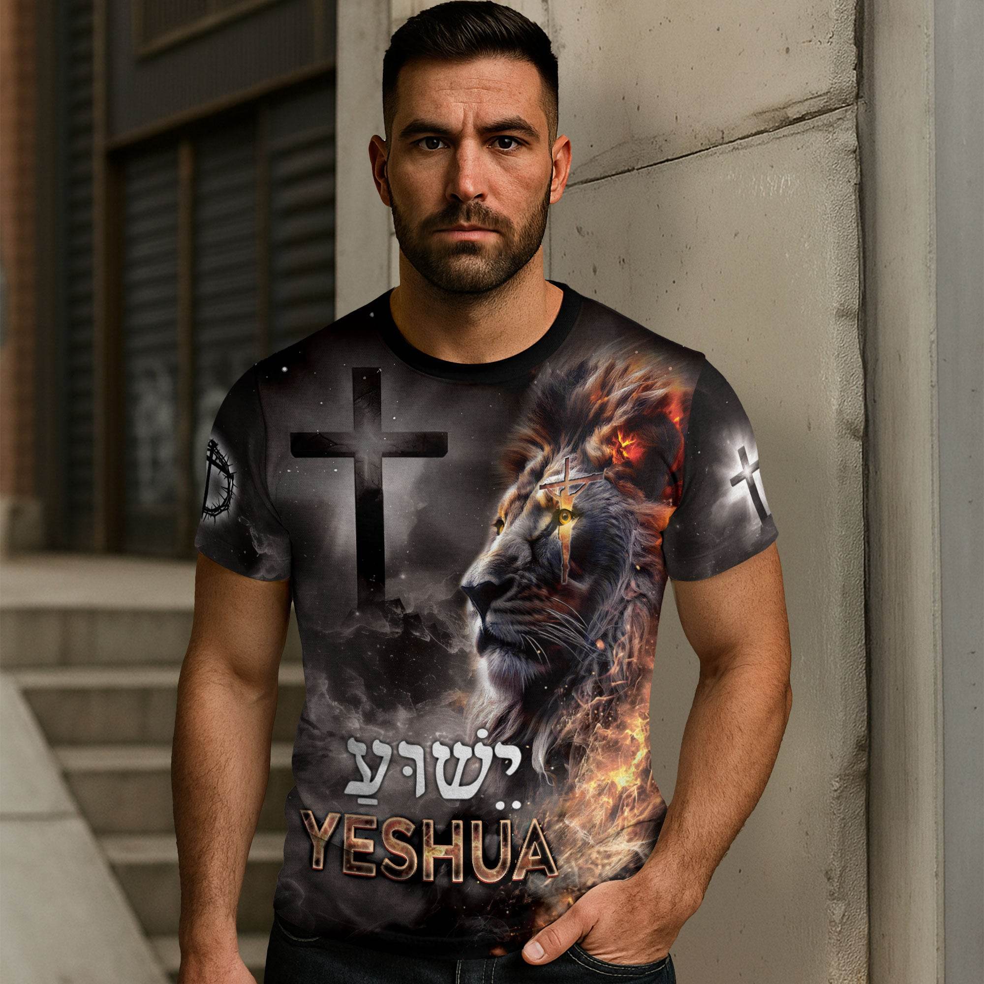 Yeshua Lion of Judah & Fiery Cross Christian T-Shirt - Rust Field Wear