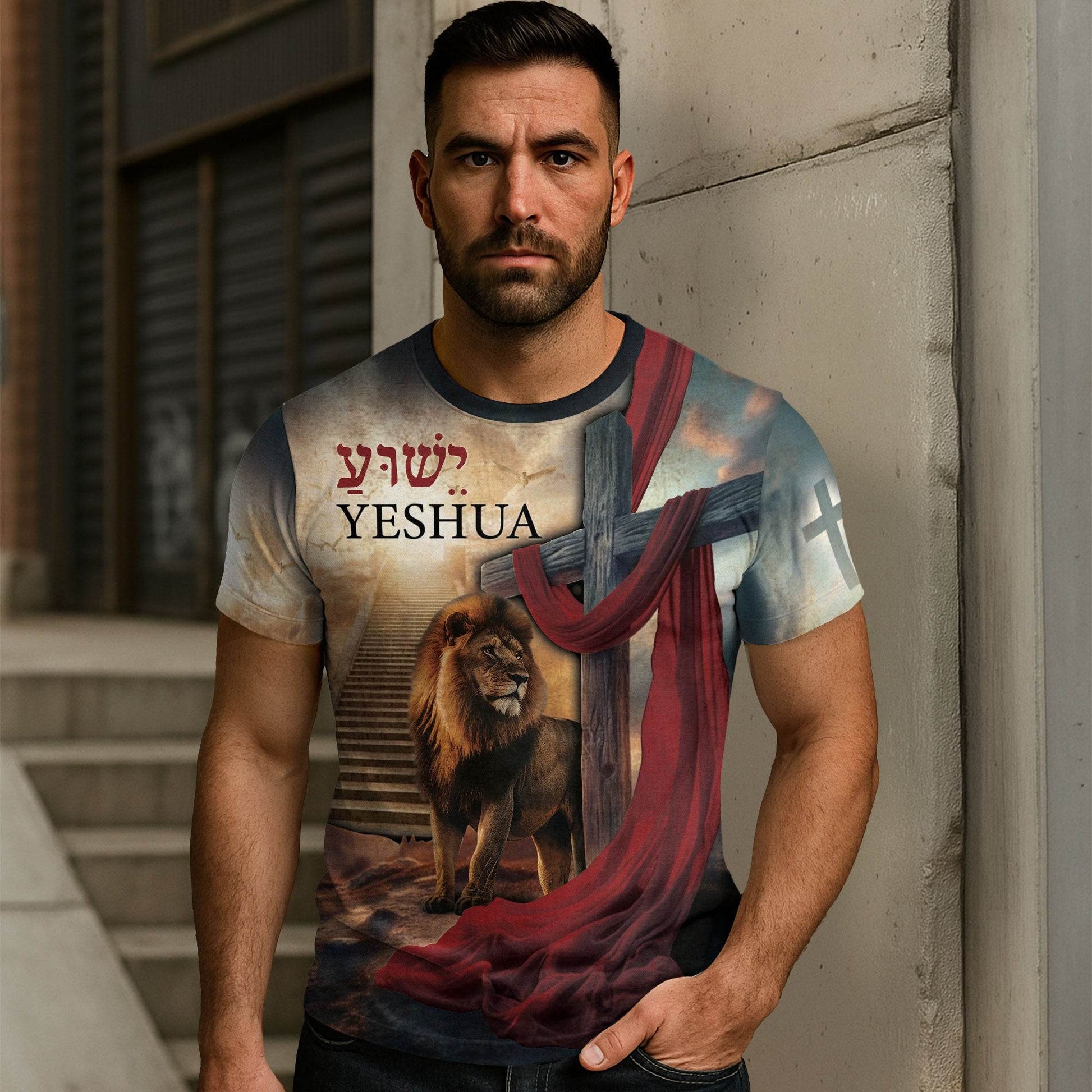 Yeshua Lion of Judah with Cross & Red Cloth Christian T-Shirt - Rust Field Wear