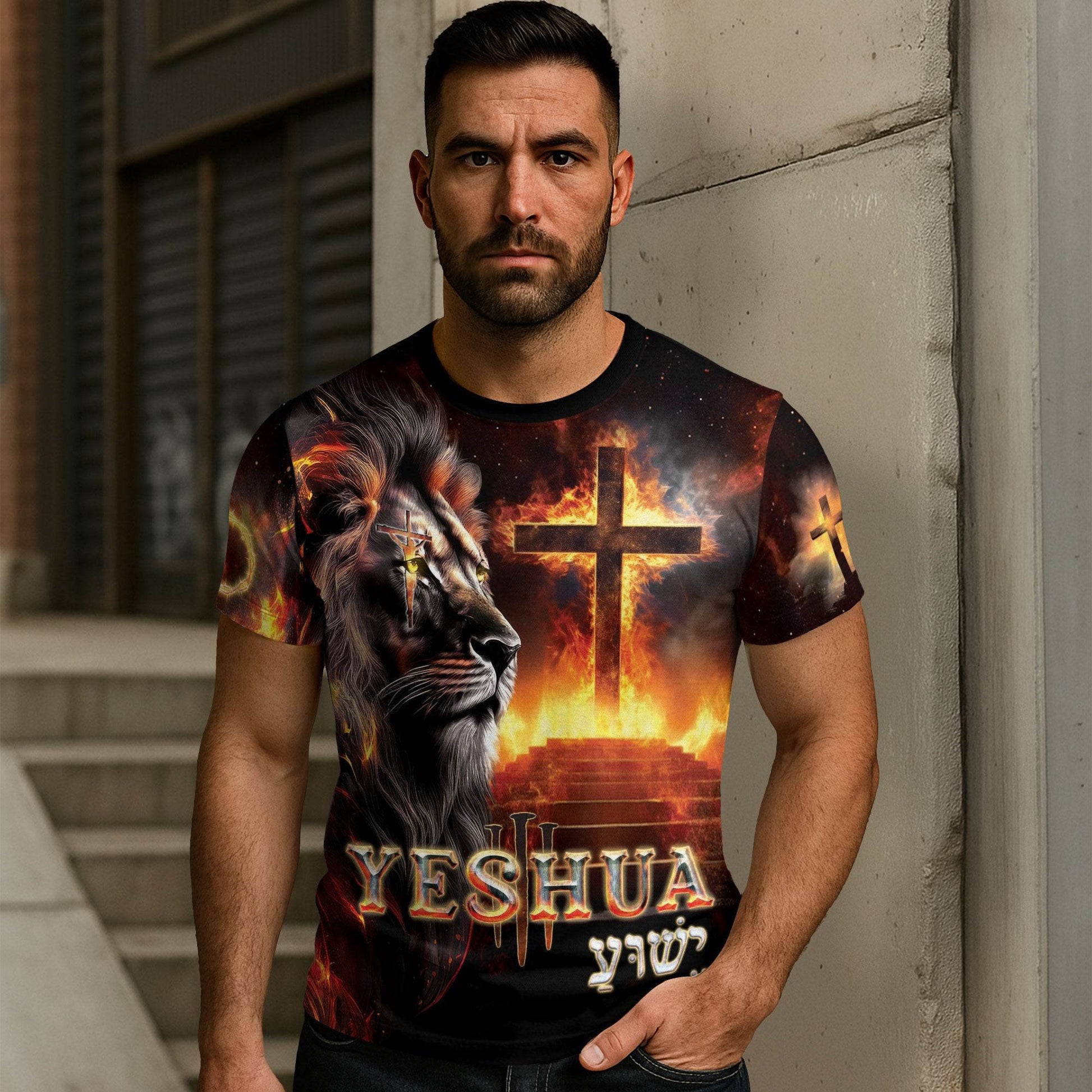 Yeshua Lion of Judah Fiery Cross Christian T-Shirt - Rust Field Wear