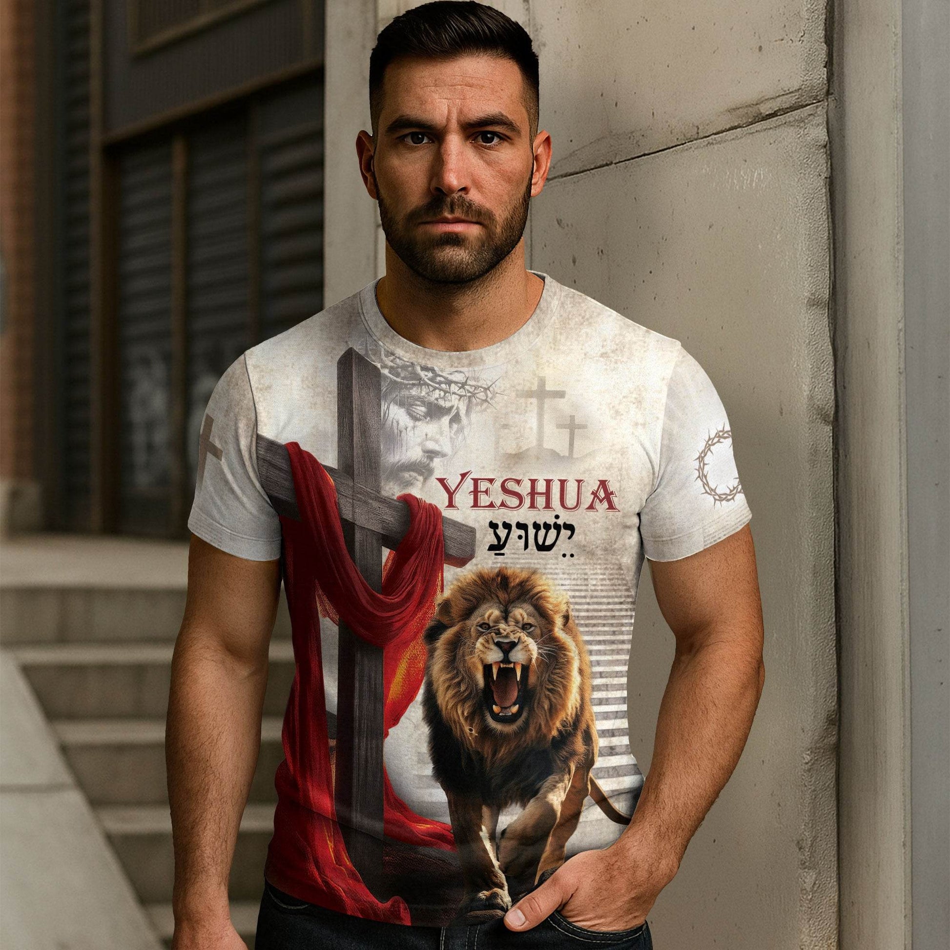 Yeshua Lion of Judah Cross Red Cloth Christian T-Shirt - Rust Field Wear