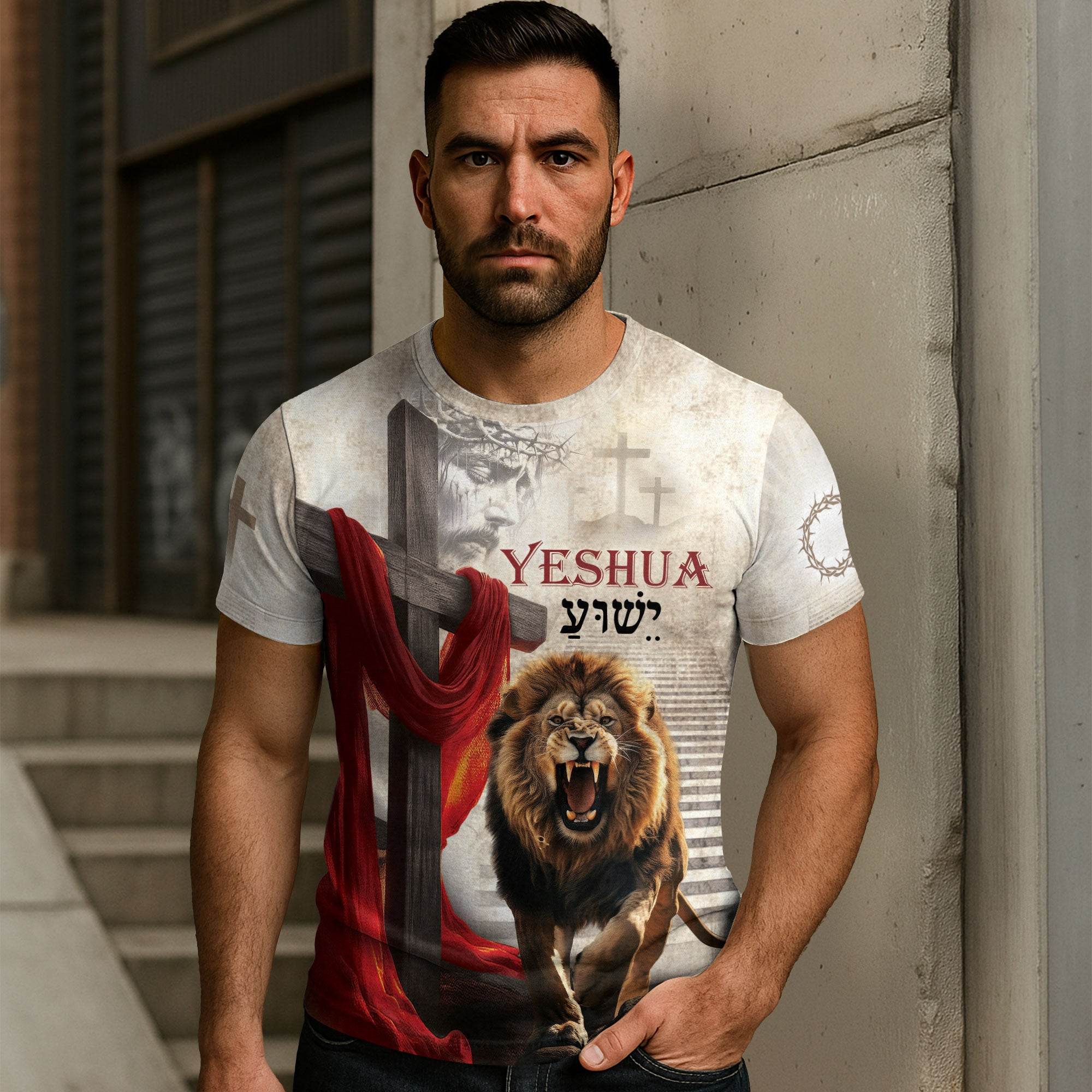 Yeshua Lion of Judah Cross Red Cloth Christian T-Shirt - Rust Field Wear