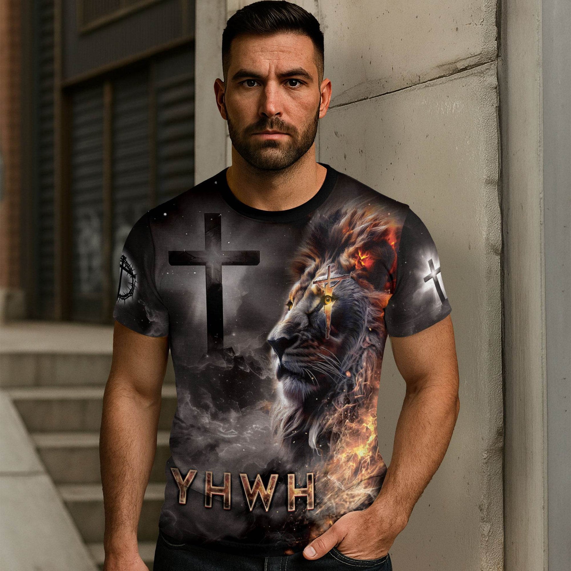 YHWH Lion of Judah & Fiery Cross Christian T-Shirt - Rust Field Wear