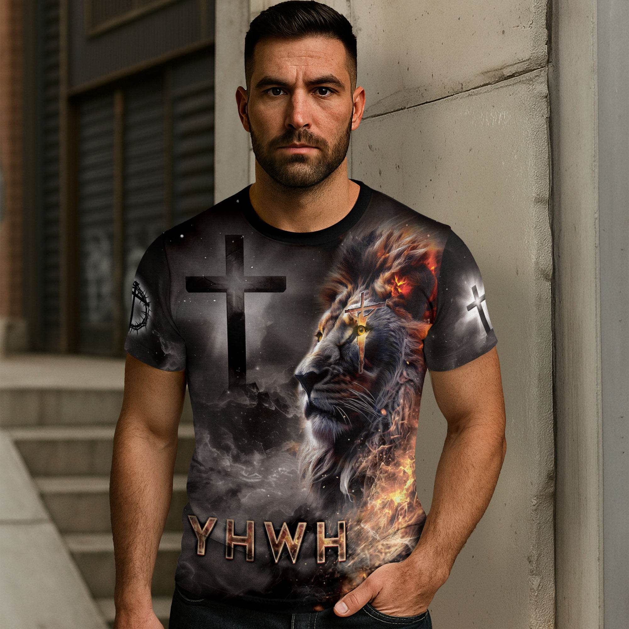 YHWH Lion of Judah & Fiery Cross Christian T-Shirt - Rust Field Wear