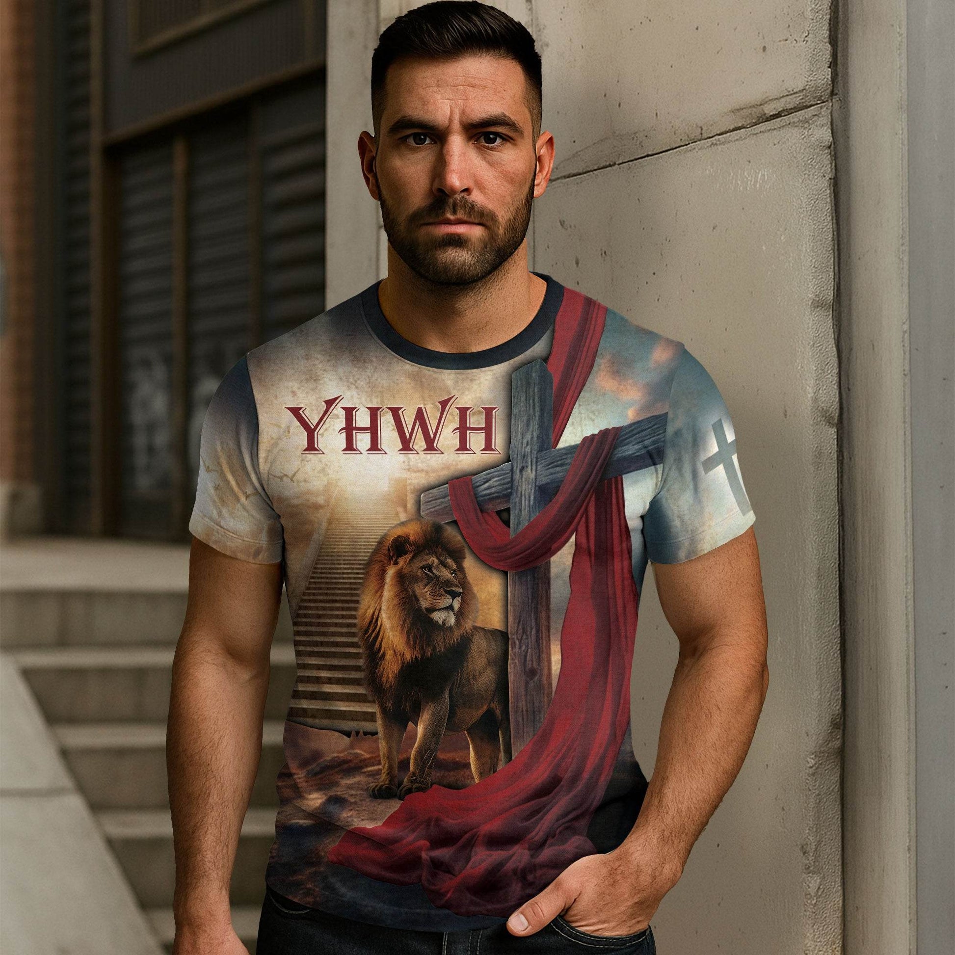YHWH Lion & Cross Stairway to Heaven Christian T-Shirt - Rust Field Wear