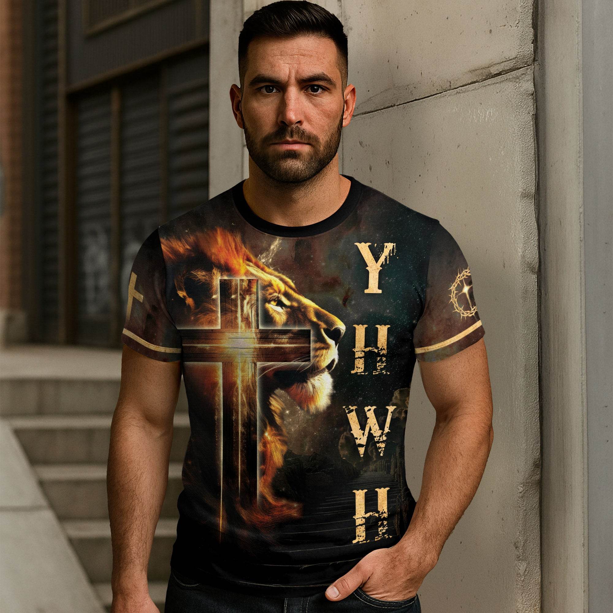 YHWH Lion of Judah Radiant Cross Christian T-Shirt - Rust Field Wear