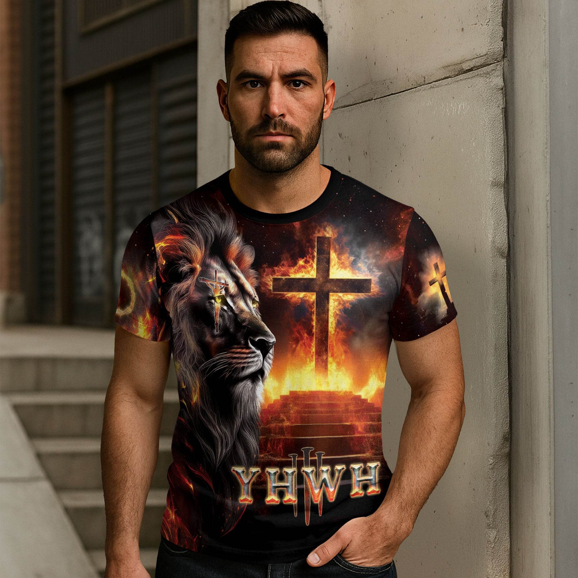 YHWH Fiery Lion of Judah & Burning Cross Christian T-Shirt - Rust Field Wear