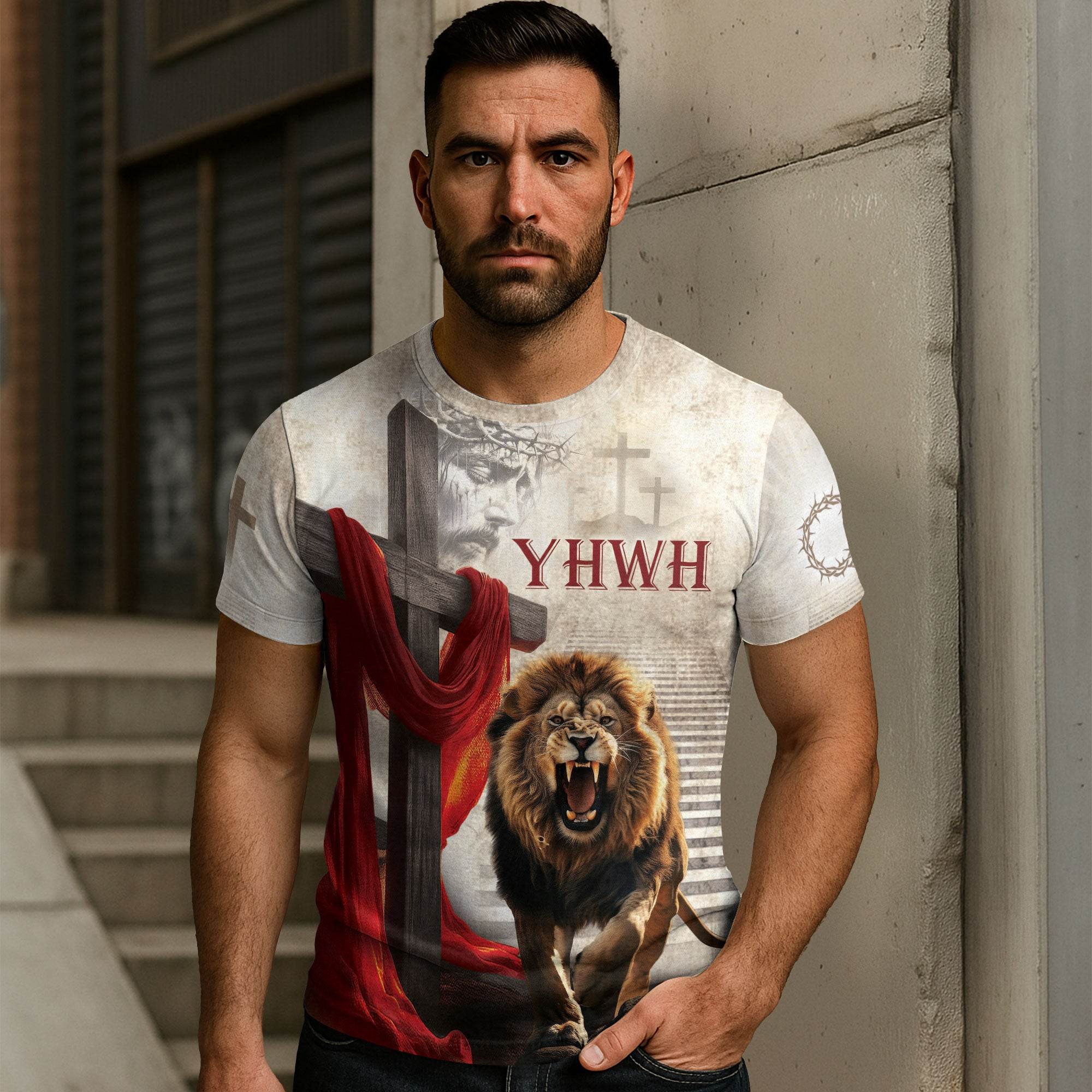 YHWH Jesus & Roaring Lion Cross Christian T-Shirt - Rust Field Wear