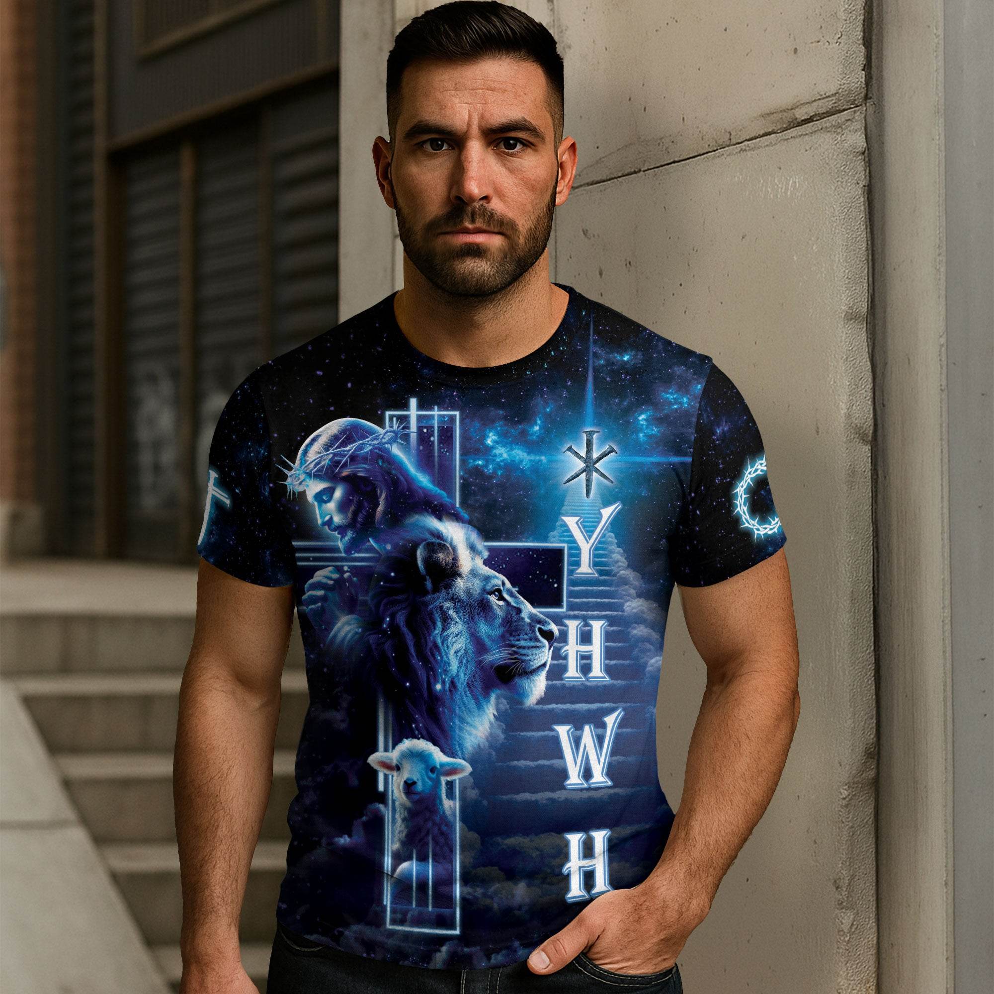 YHWH Jesus Lion & Lamb Stairway to Heaven Christian T-Shirt - Rust Field Wear