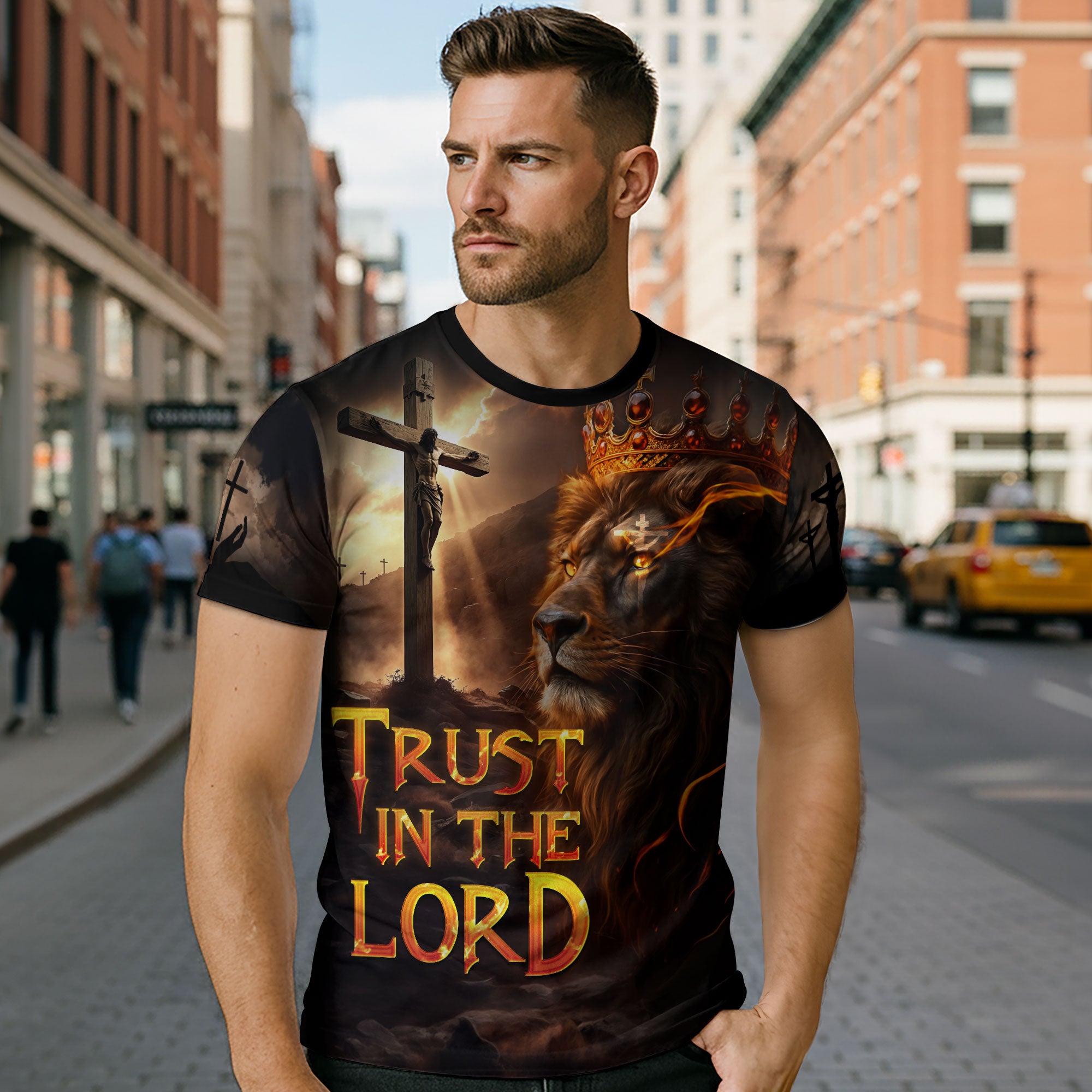 Trust In The Lord Fiery Cross Lion of Judah Christian Warrior T-Shirt