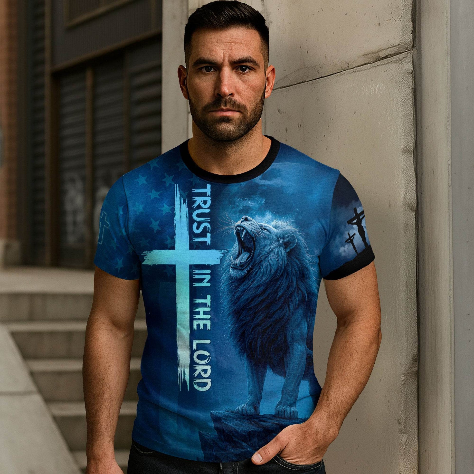 Trust In The Lord Blue Cross & Lion Design T-Shirt - Rust Field Wear