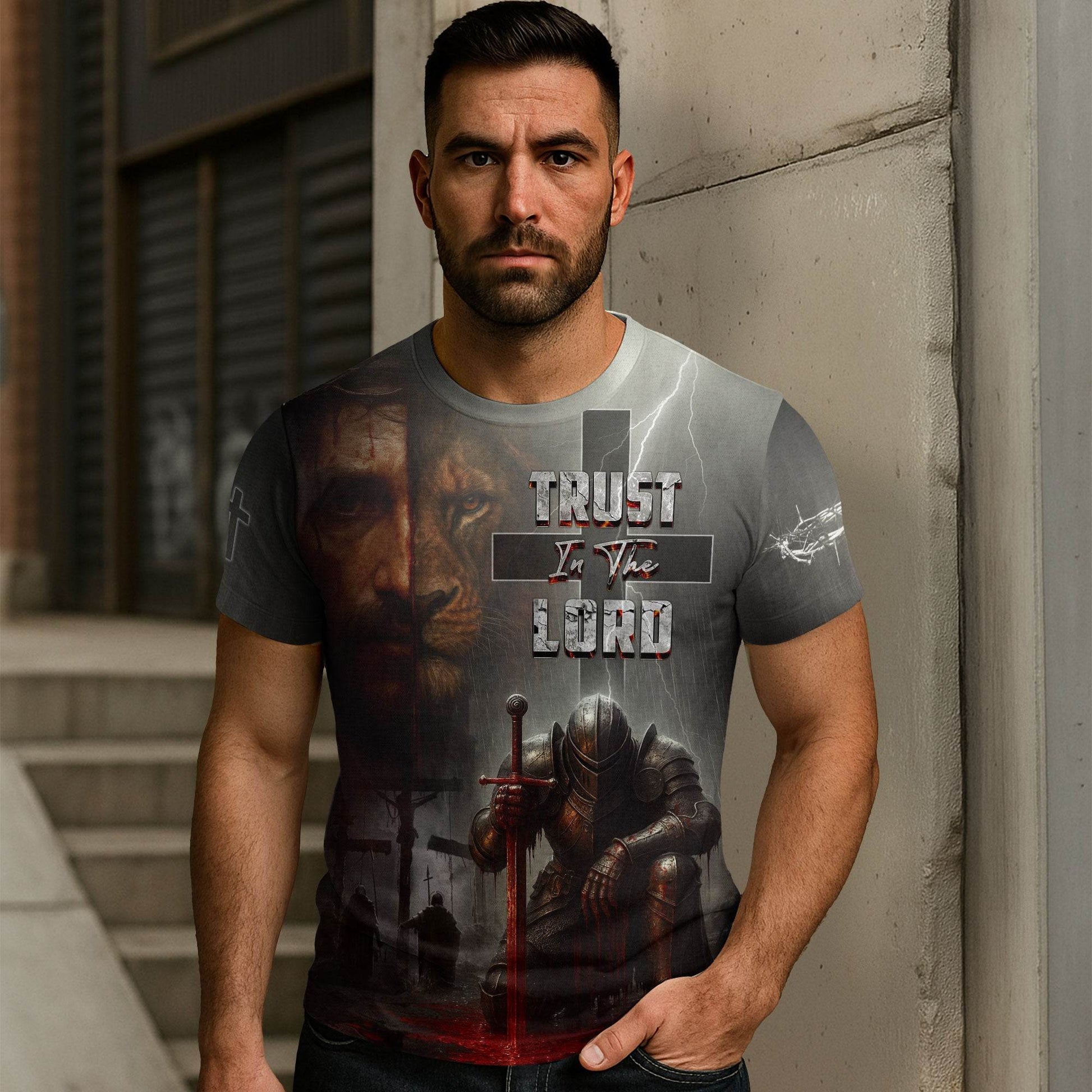 Trust In The Lord Knight & Lion Christian Cross T-Shirt - Rust Field Wear