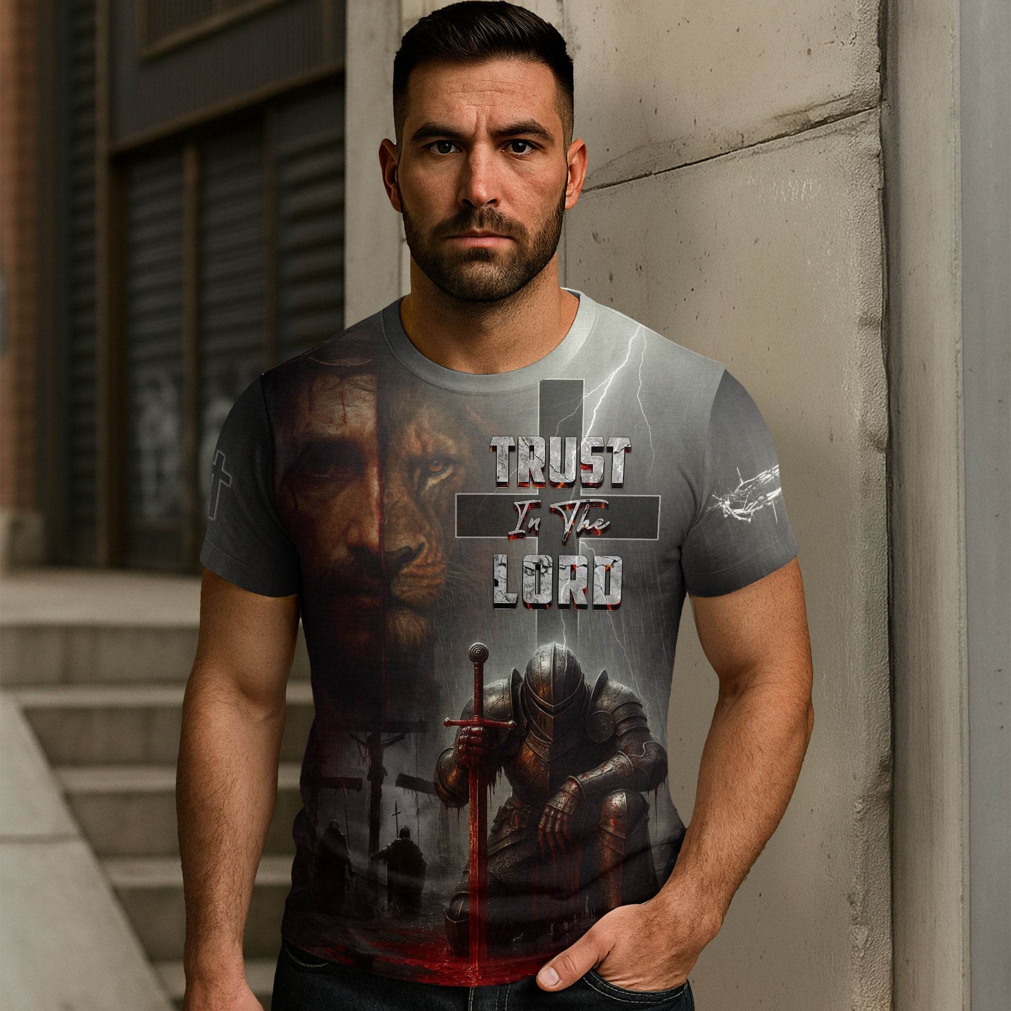Trust In The Lord Knight & Lion Christian Cross T-Shirt - Rust Field Wear