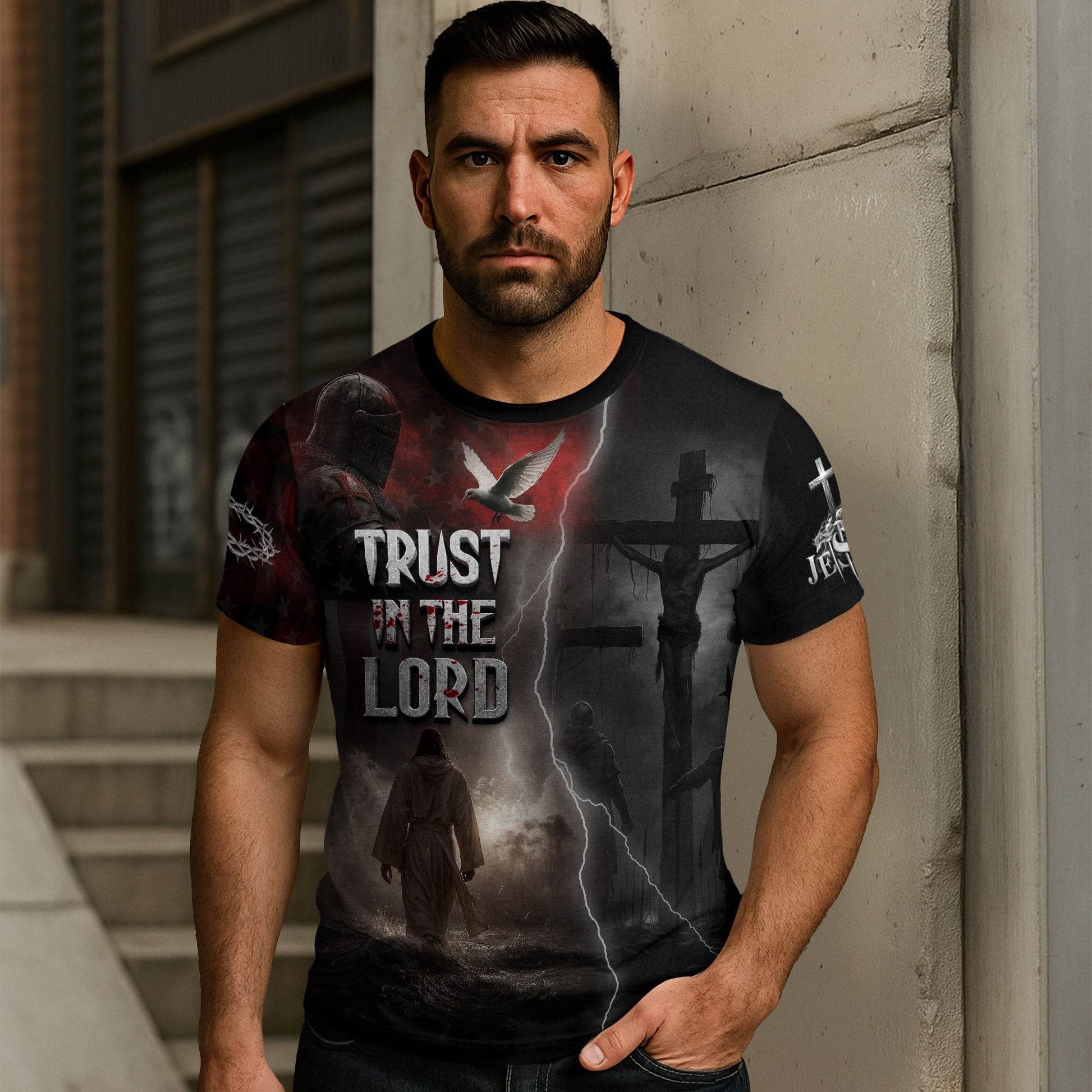 Trust In The Lord Knight Cross & Lion Christian T-Shirt - Rust Field Wear
