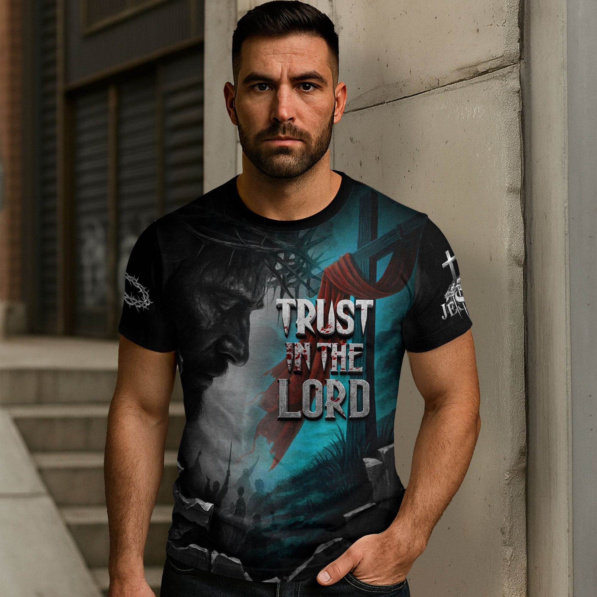 Trust In The Lord Cross & Lion Design T-Shirt - Rust Field Wear
